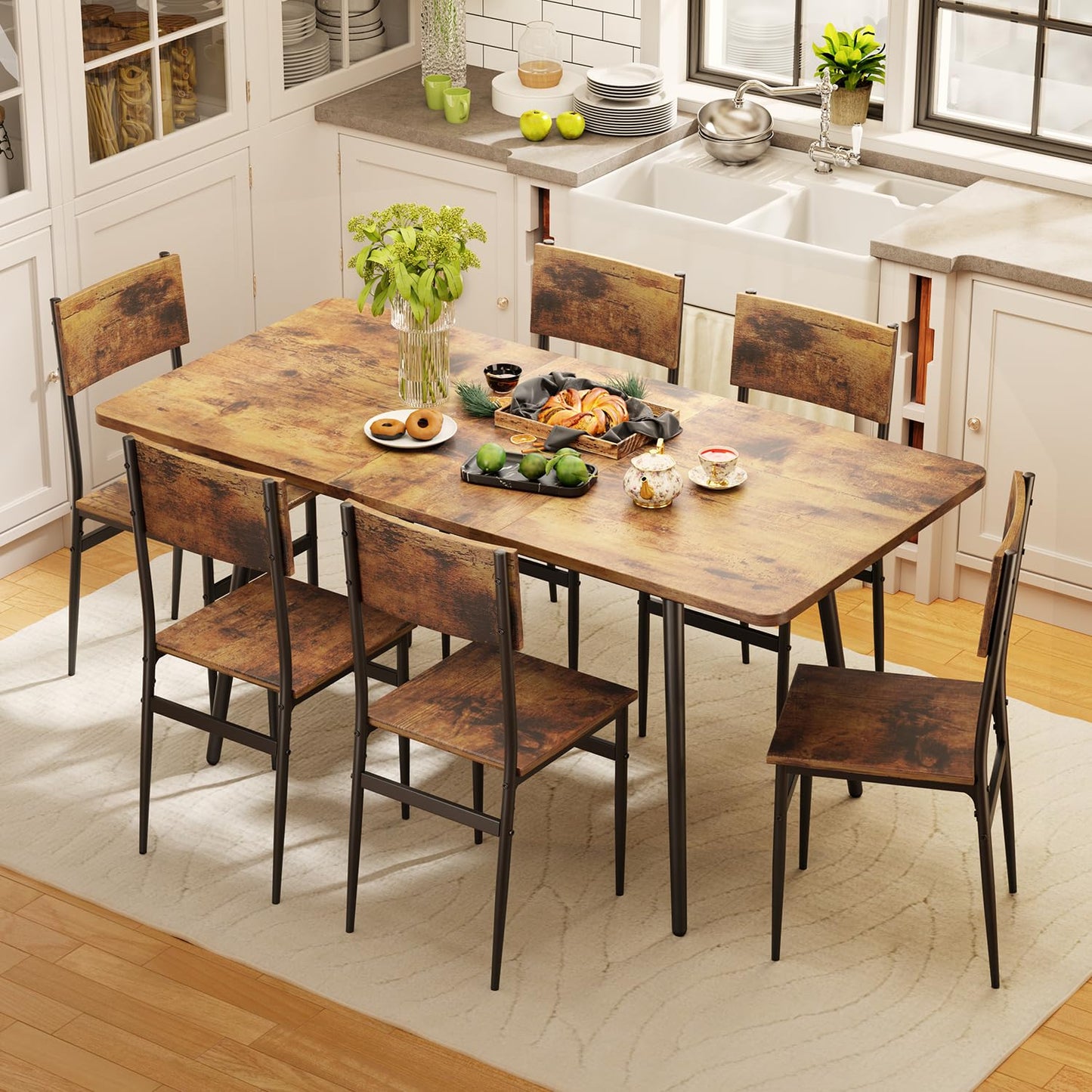 Qsun 63” Extendable Dining Table Set for 4-6 People, 7-Piece Dining Table Set for 6 People with 6 Chairs, MDF Wood Board Kitchen Table Set for Small Space and Apartment, Rustic Brown