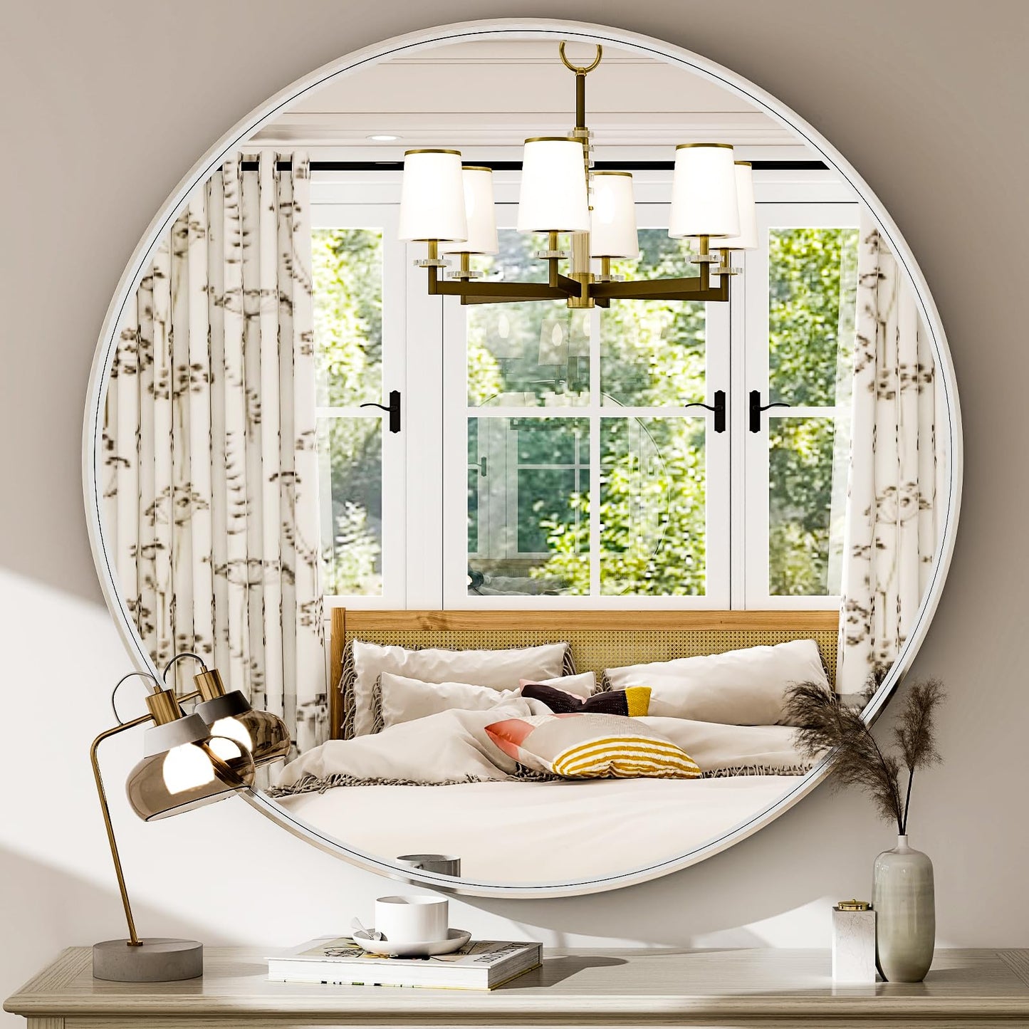 Easly 24 Inch Round Bathroom Mirror - Wall Mounted Circle Mirror with Metal Frame, Modern Mirror Suitable for Bathroom, Vanity, Entryway, Living Room, Wall Decor，Silver