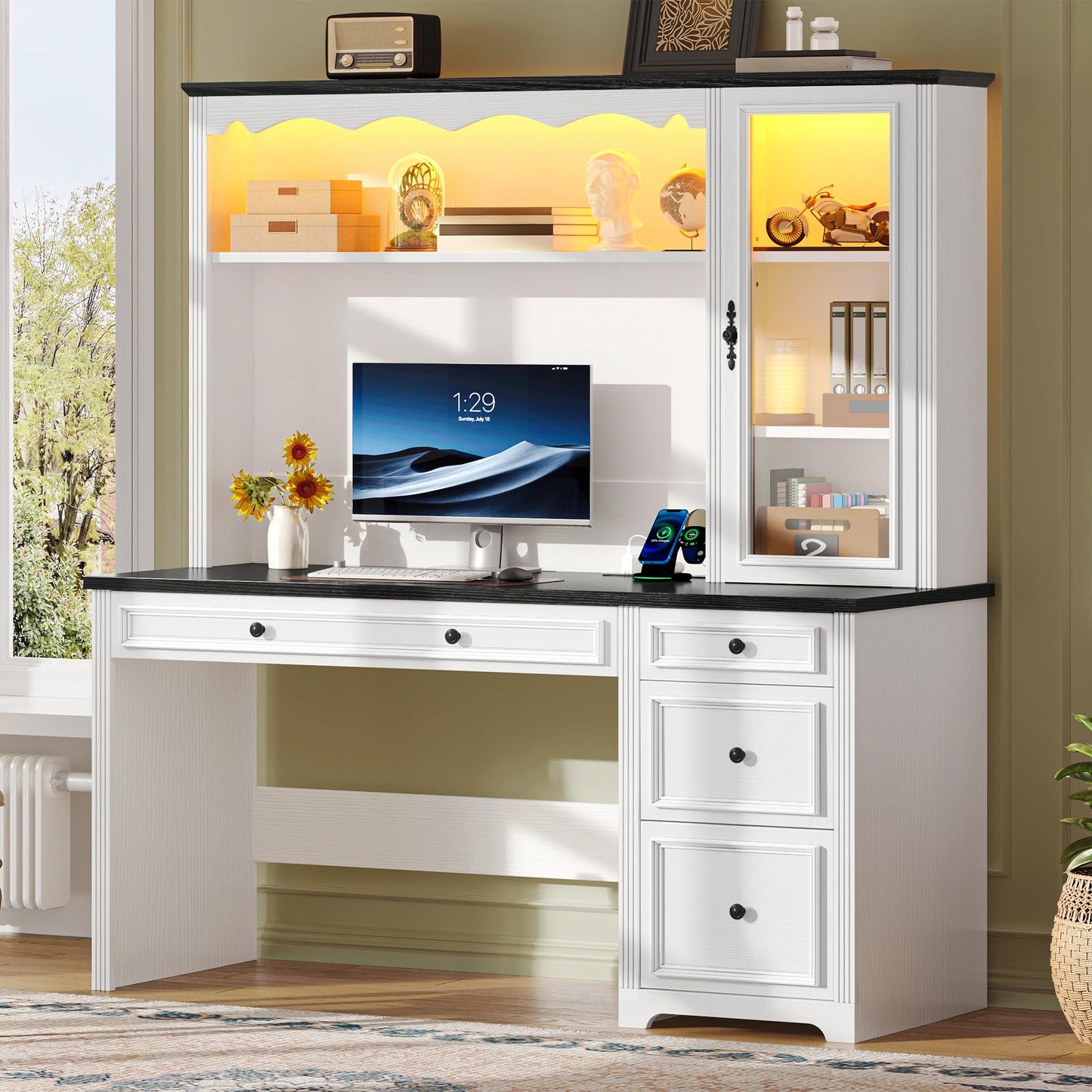 YITAHOME Executive Desk with Hutch and Drawers, Farmhouse Wood Computer Desk with Power Outlet & LED Lights, Home Office Desks with Storage Shelves, Storage Cabinet with Glass Door, White & Black