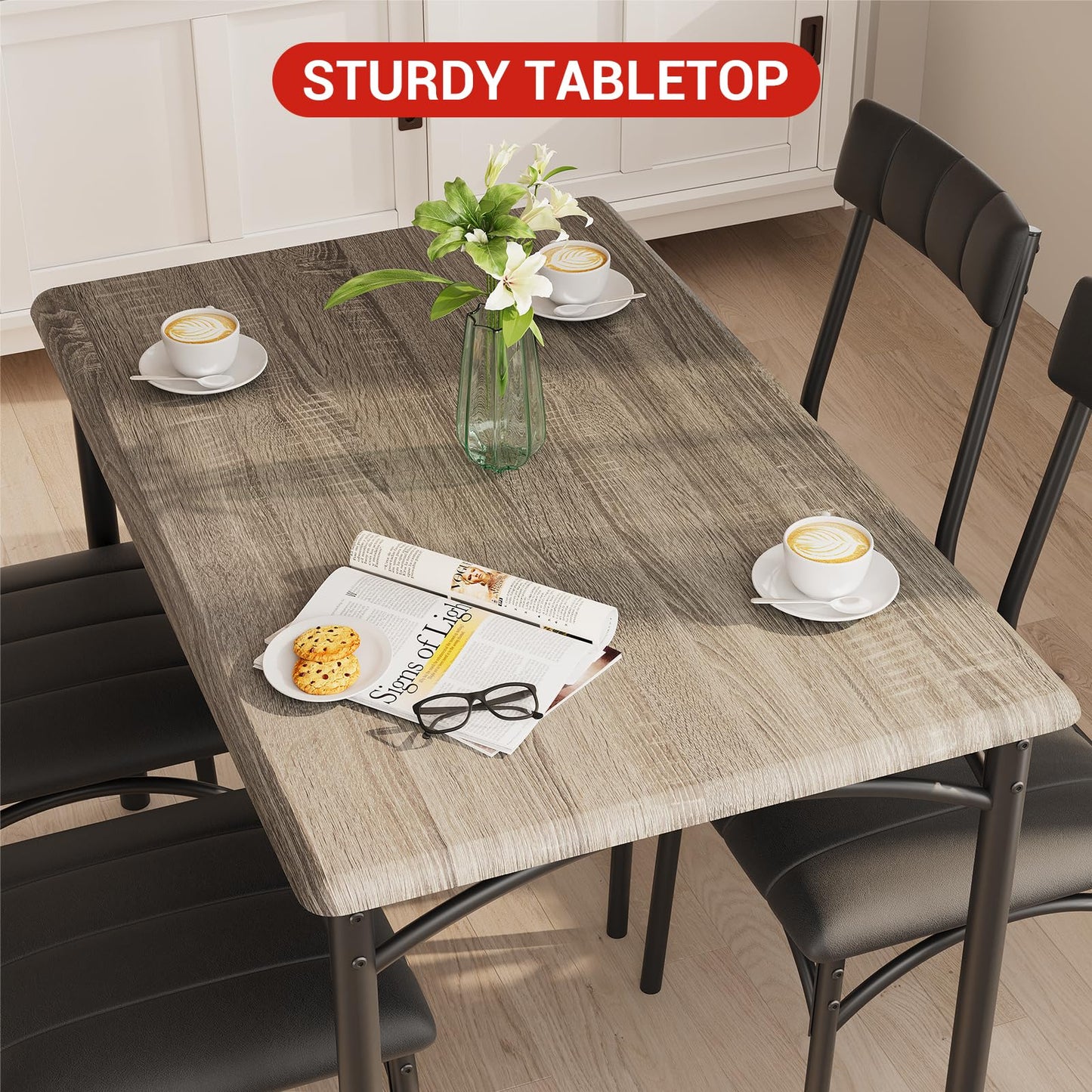 GarveeHome Dining Table Set for 4, Kitchen Table with 4 Upholstered Chairs, Wood Rectangular Dining Table and Chairs Set, for Small Space, Apartment, Dinner, Rustic Gray