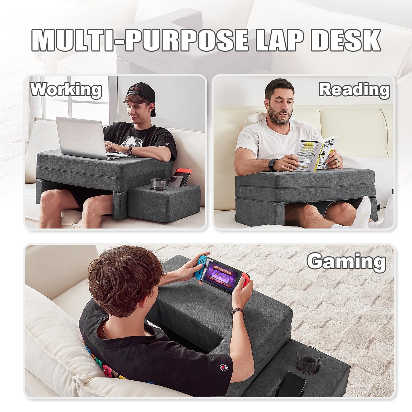 Comehealthy Lap Desk Pillow for Laptop, Large Reading Pillow for Adult, Arm Rest Pillow with Cup Holder, Memory Foam Bed Desk for Working, Gaming, Reading, Laptop Desk for Couch Bed Floor(Grey)