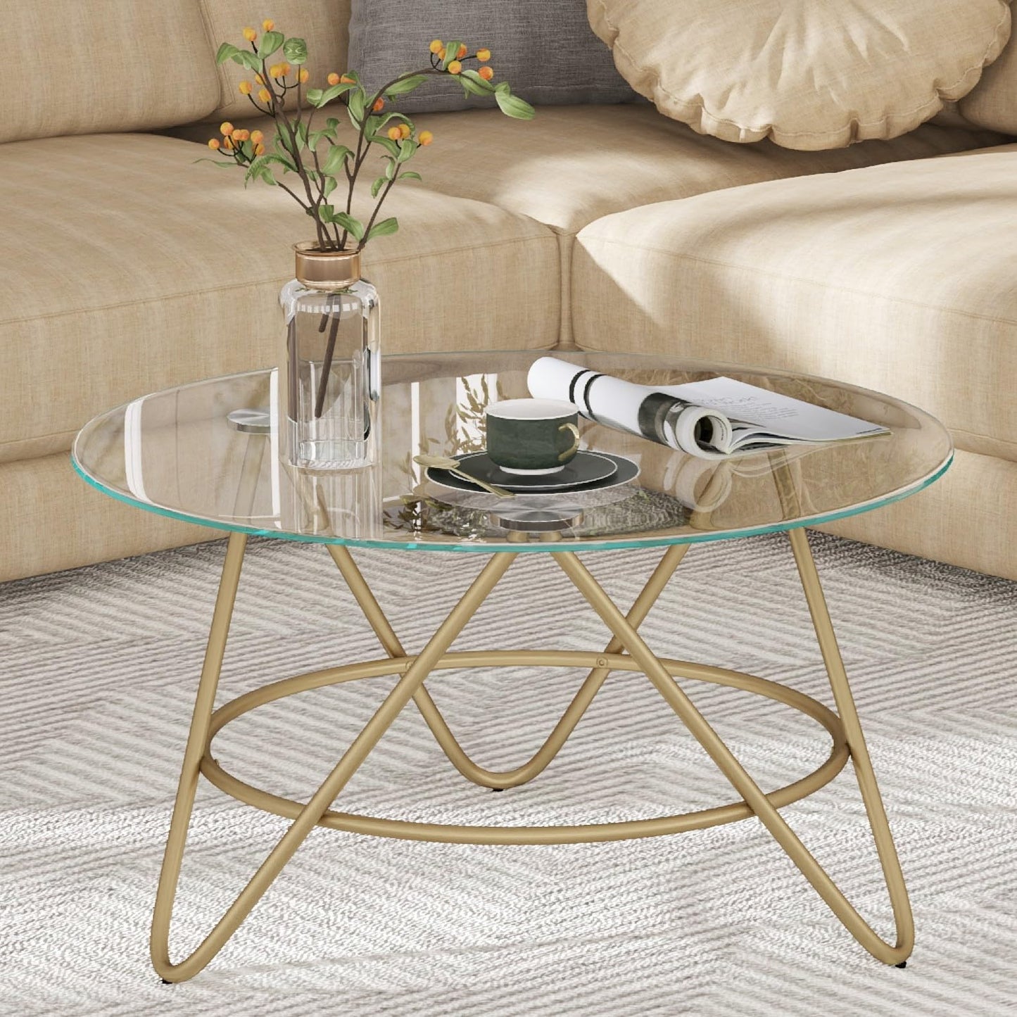 OIOG Round Coffee Table, Glass Coffee Table for Living Room, Bedroom, Home Office, Modern Coffee Table with Tempered Glass Tabletop, Gold