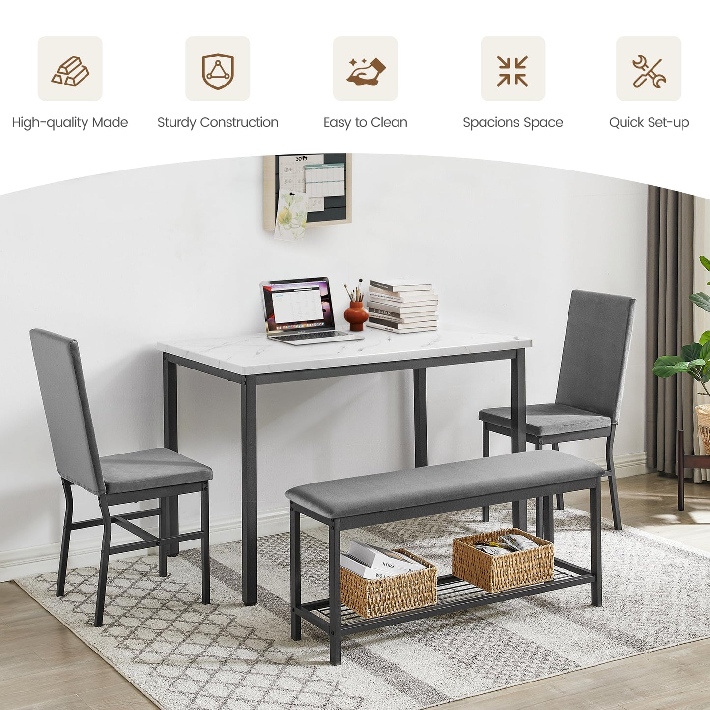 COCLUB Dining Table Set for 4, 47.2" Faux Marble Kitchen Table Set with Upholstered Velvet Chairs and Bench, 4-Person Rectangular Space Saving Dinette Set for Apartment, Restaurant, Home (Gray)