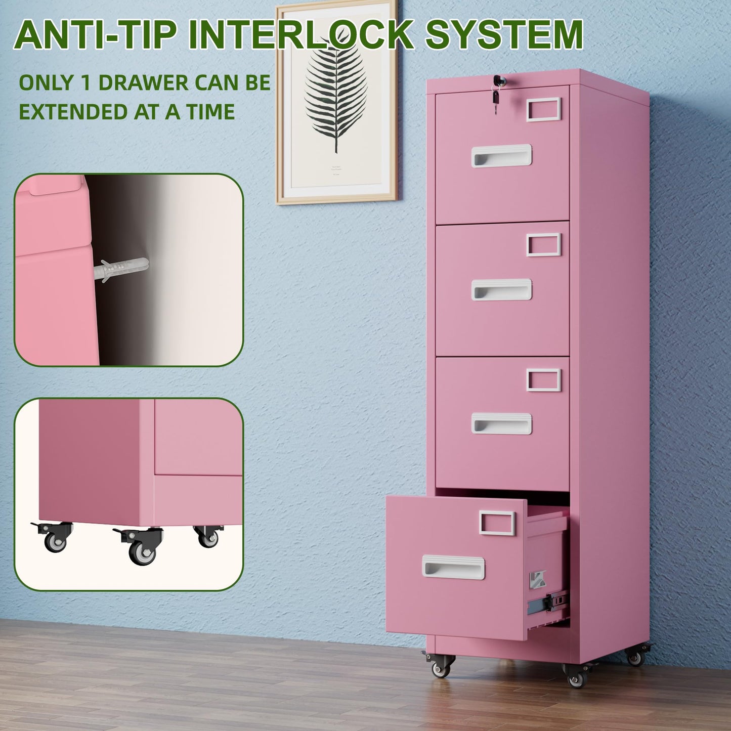 Aobabo File Cabinet 4 Drawer with Wheels, Lockable Office Metal Filing Cabinet with Name Card for Office and Home,Assembly Required,Pink