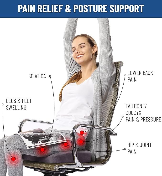 Everlasting Comfort Doctor Recommended Memory Foam Seat Cushion for Office Chairs & Car Seat - Ergonomic Office Desk Accessories for Tailbone Pain Relief, Sciatica & Back Support