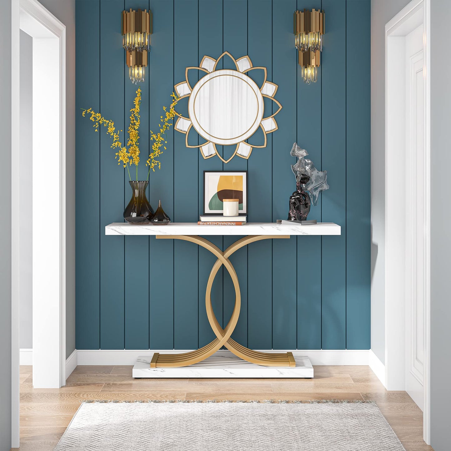 Gold Entryway Table, Modern 39" Console Table with Geometric Metal Legs, Faux Marble Narrow Wooden Sofa Table, Foyer Hallway Tabl for Entrance, Living Room (Gold & White)
