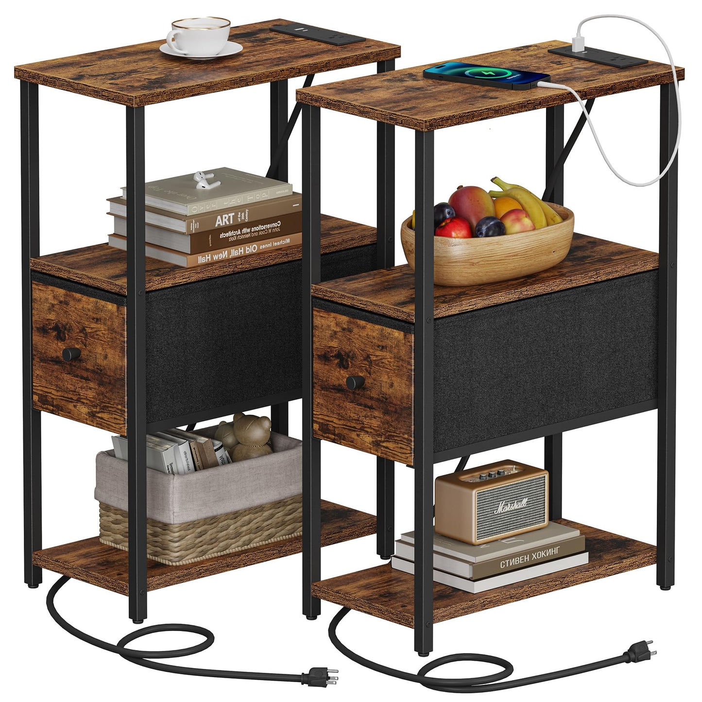 TUTOTAK Set of 2 Small Narrow End Table with Charging Station, Side Table with Outlets, Nightstand with Cloth Drawer, Couch Table, for Living Room, Bedroom, Bedside, Brown TB01BB058