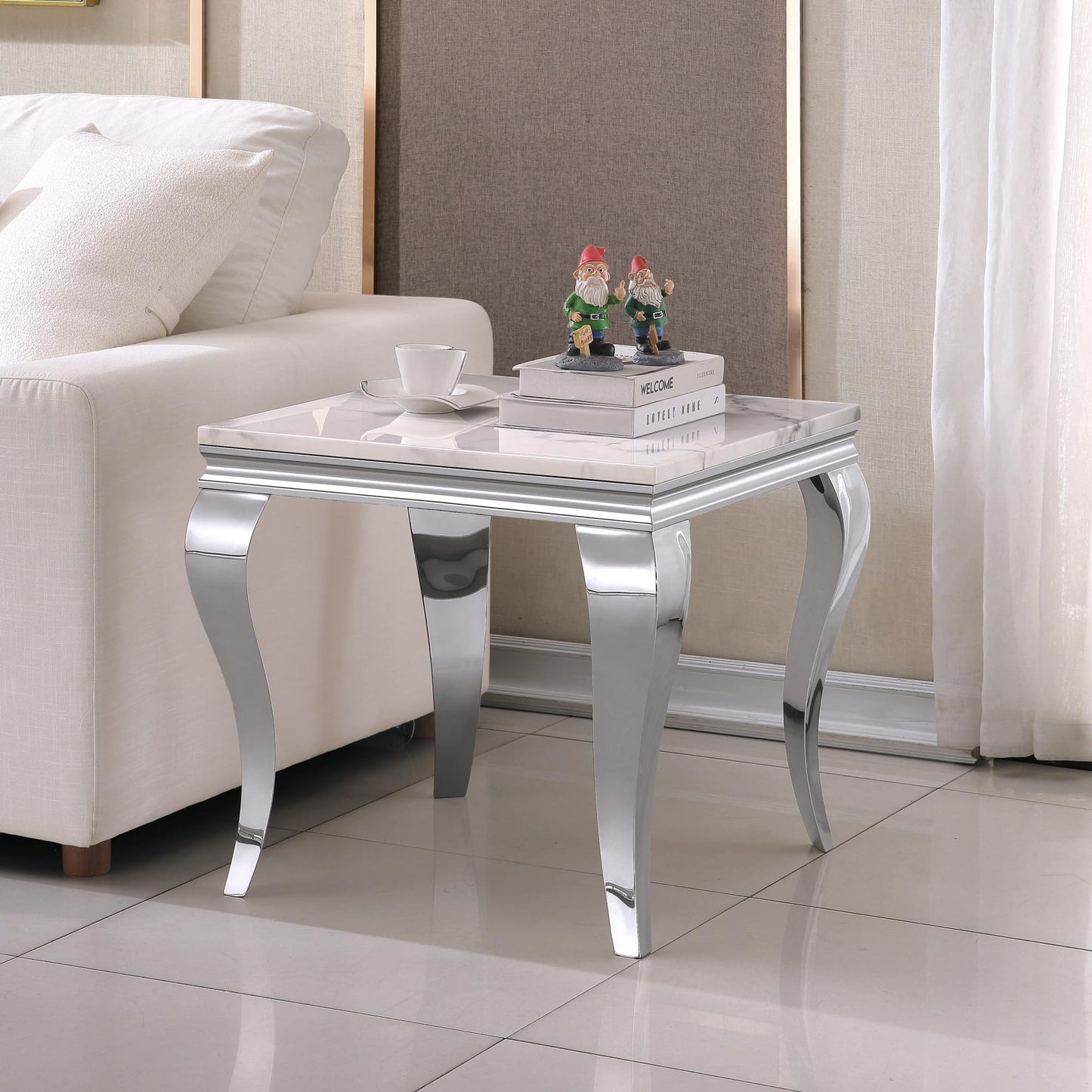 SSLine Modern 3 Piece Living Room Table Set, Includes 1 Coffee Table & 2 End Tables, Luxury Faux Marble Coffee End Table Set with S-Shape Stainless Steel Legs (White Marble& Silver3)