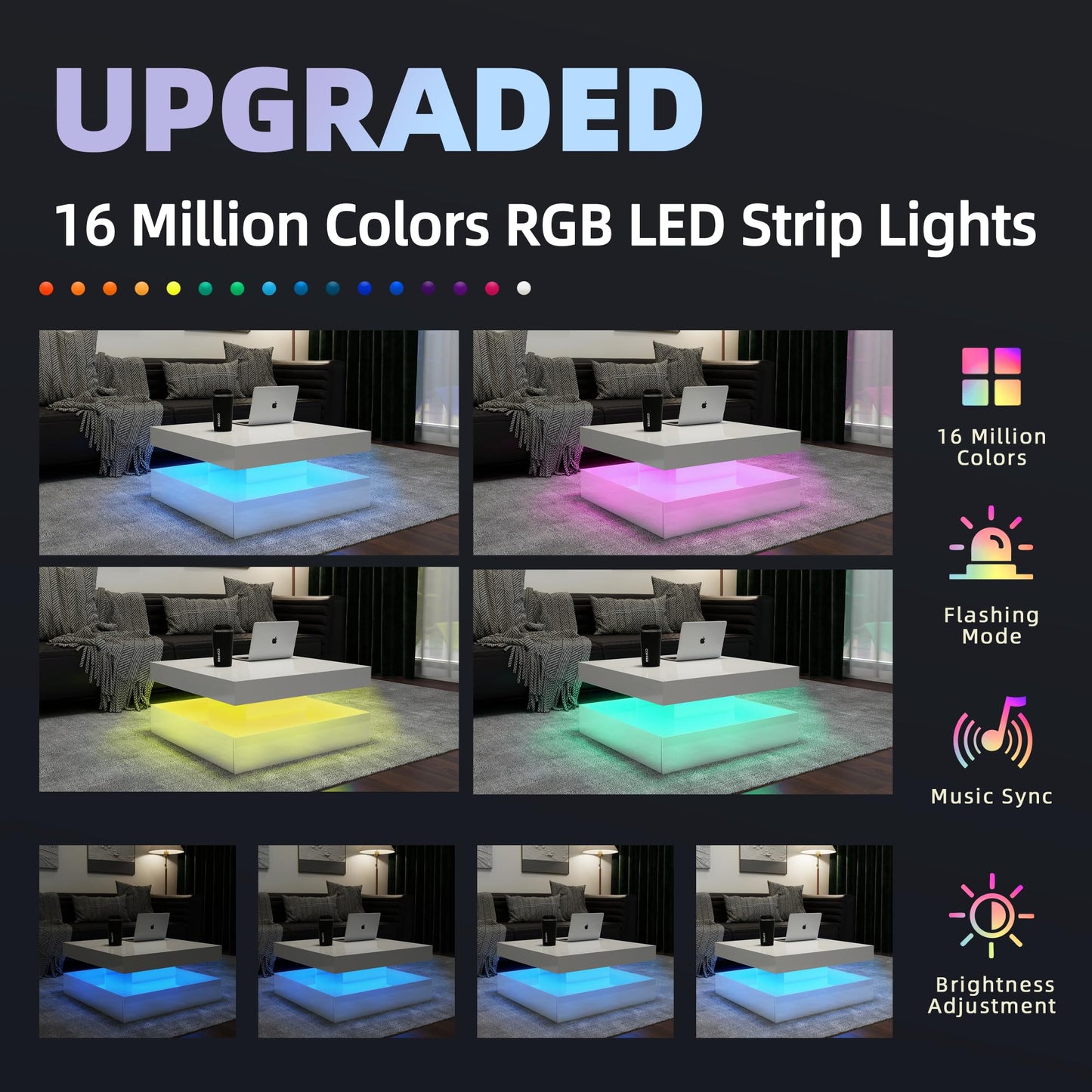 LED Coffee Table for Living Room, 2-Tier Modern Square Center Table with Music Sync Lights, High Gloss Surface, 30.75" x 30.75" (White)