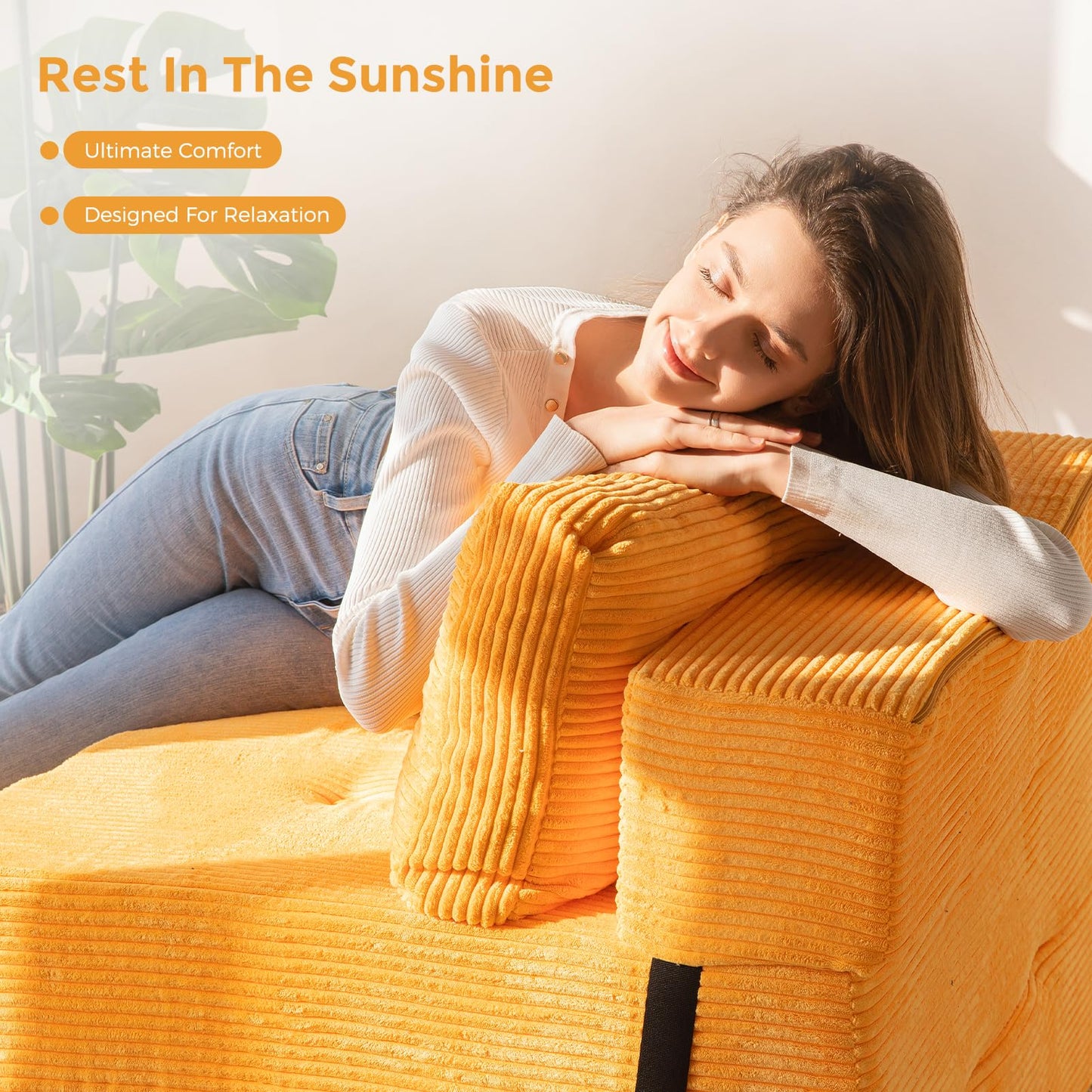 MAXYOYO Folding Sofa Bed, Convertible Sofa Bed with High-Density Support Foam, Portable 4 in 1 Fold Out Chair to Floor Lounger, Versatile Floor Couch for Living Room Bedroom, Orange