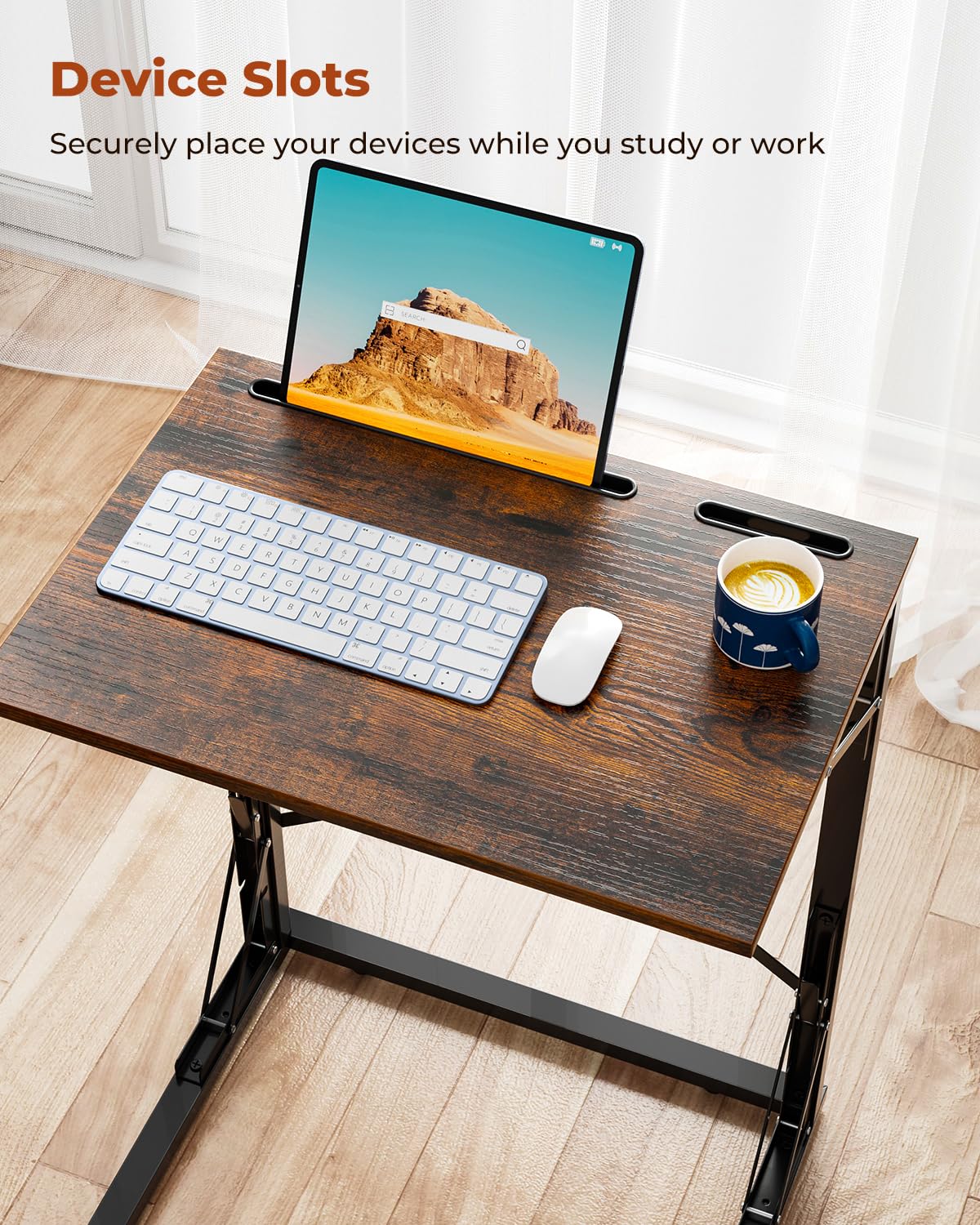 Evermagin 21''Wx28''H TV Tray Set of 2, Small Foldable C-Shaped End Table for Eating with Tablet and Phone Slots, Slide Under Couch Side Table for Recliner, Living Room, Bedroom, Rustic Brown