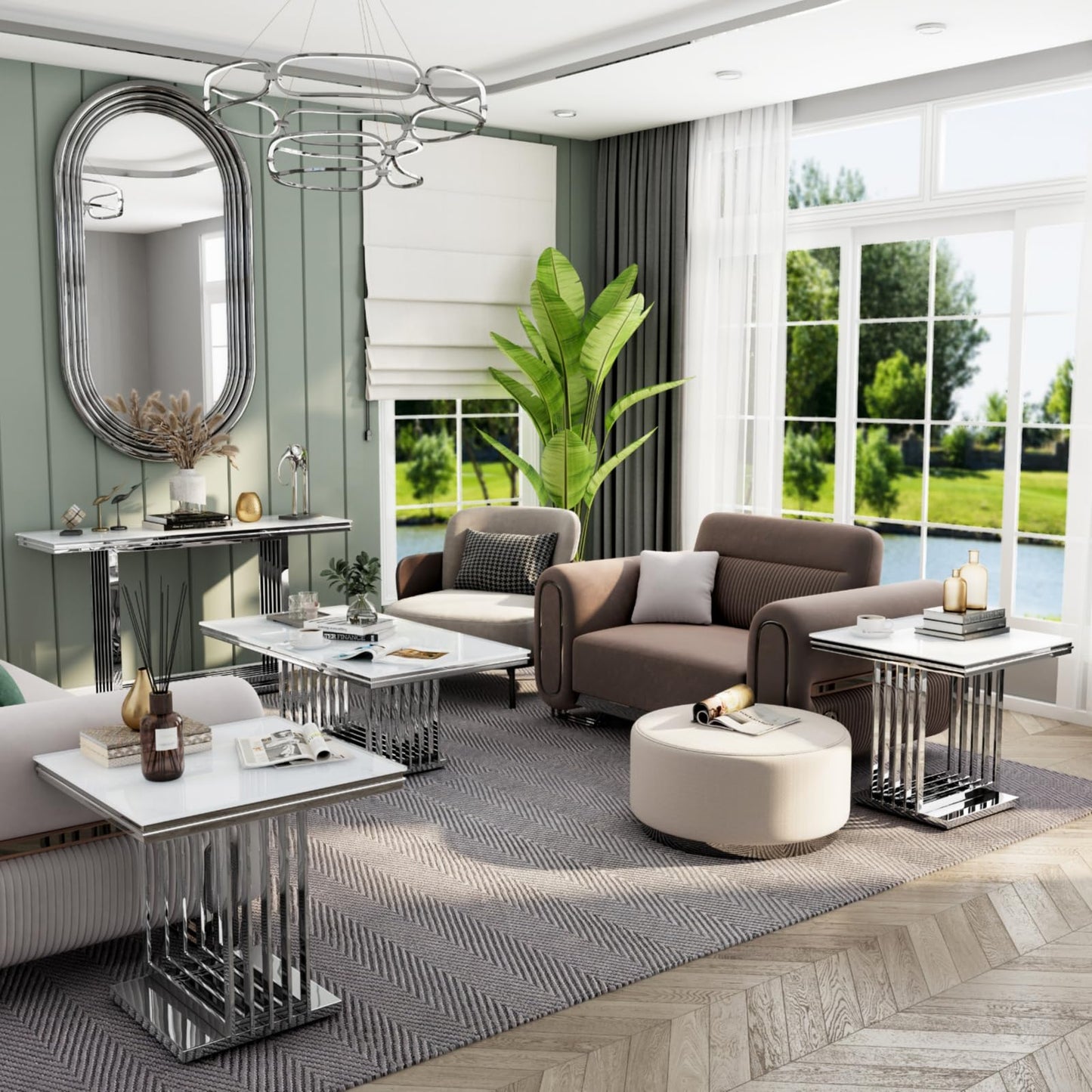 AUZ Silver Coffee Table, 50" White Glass Coffee Table for Living Room, Modern Rectangular Center Table with Gorgeous Mirrored Stainless Steel Base