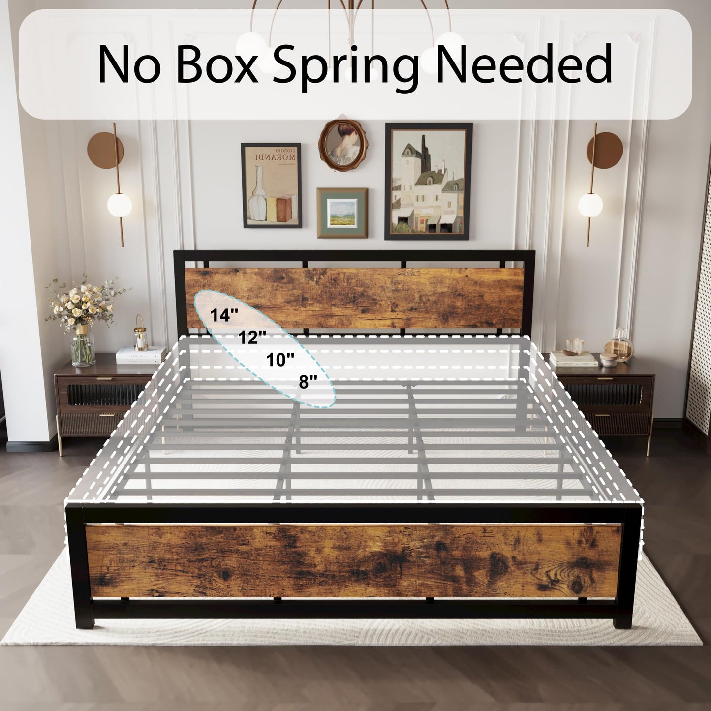 LIKIMIO King Bed Frame with Headboard and Footboard, Metal Strong Supports, Easy Assembly, Noise-Free, No Box Spring Needed, Vintage Brown
