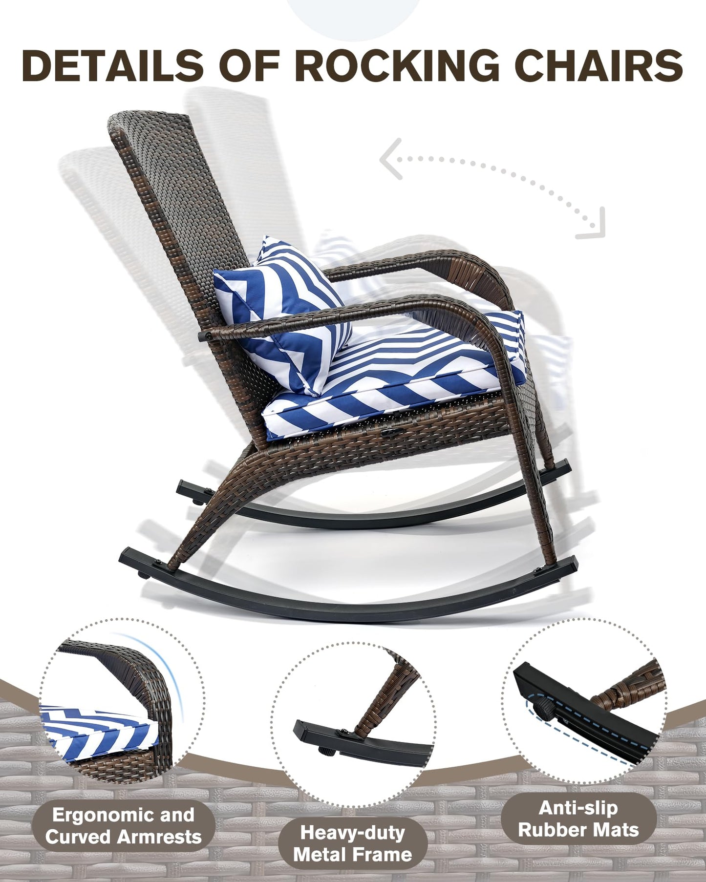 OYODHPDU Outdoor Rocking Chair- Outdoor Glider Rattan Rocker Chair with Heavy Duty Steel Frame- All Weather Rocker Chair for Garden, Porch, Backyard, Poolside (Brown Rattan, 320lbs)