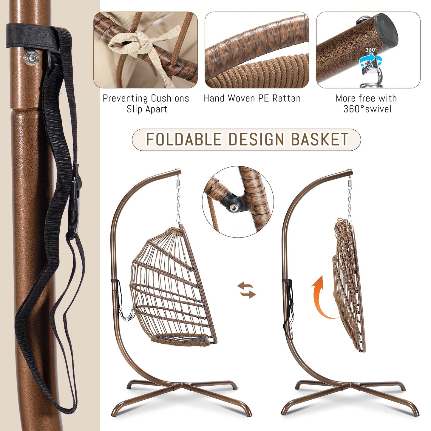RADIATA Wicker Egg Swing Chair with Stand for Outside, Outdoor Comfy Hanging Egg Patio Chairs with Thick Cushion, 350Lbs Durable Swinging Rattan Chair for Bedroom Porch Backyard Balcony, Brown, Tan