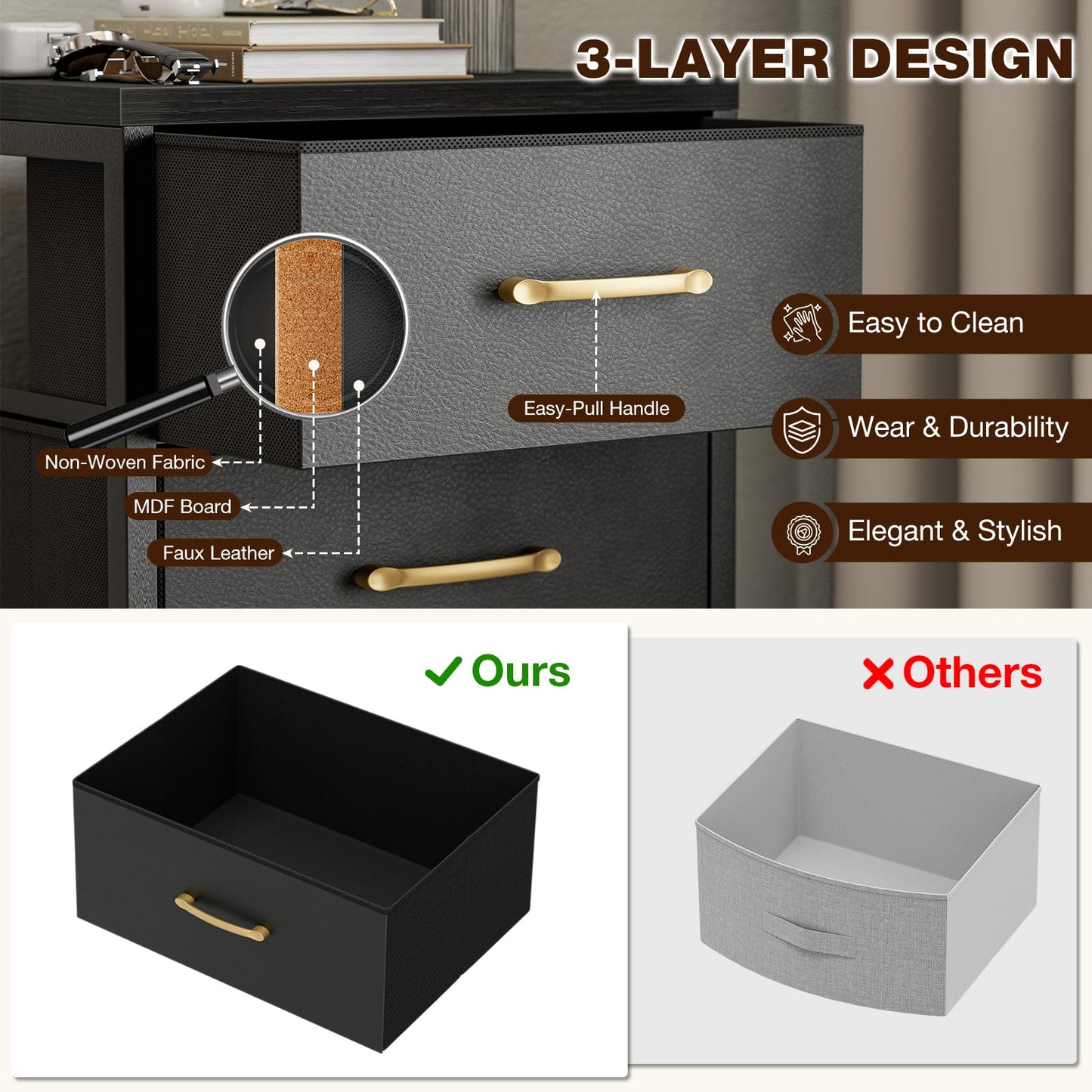 AOVSA Tall Dresser with 6 Drawers, Chest of Drawers with Fabric Bins, Storage Organizer Tower with Wood Top & Steel Frame for Bedroom, Living Room and Entryway - Black