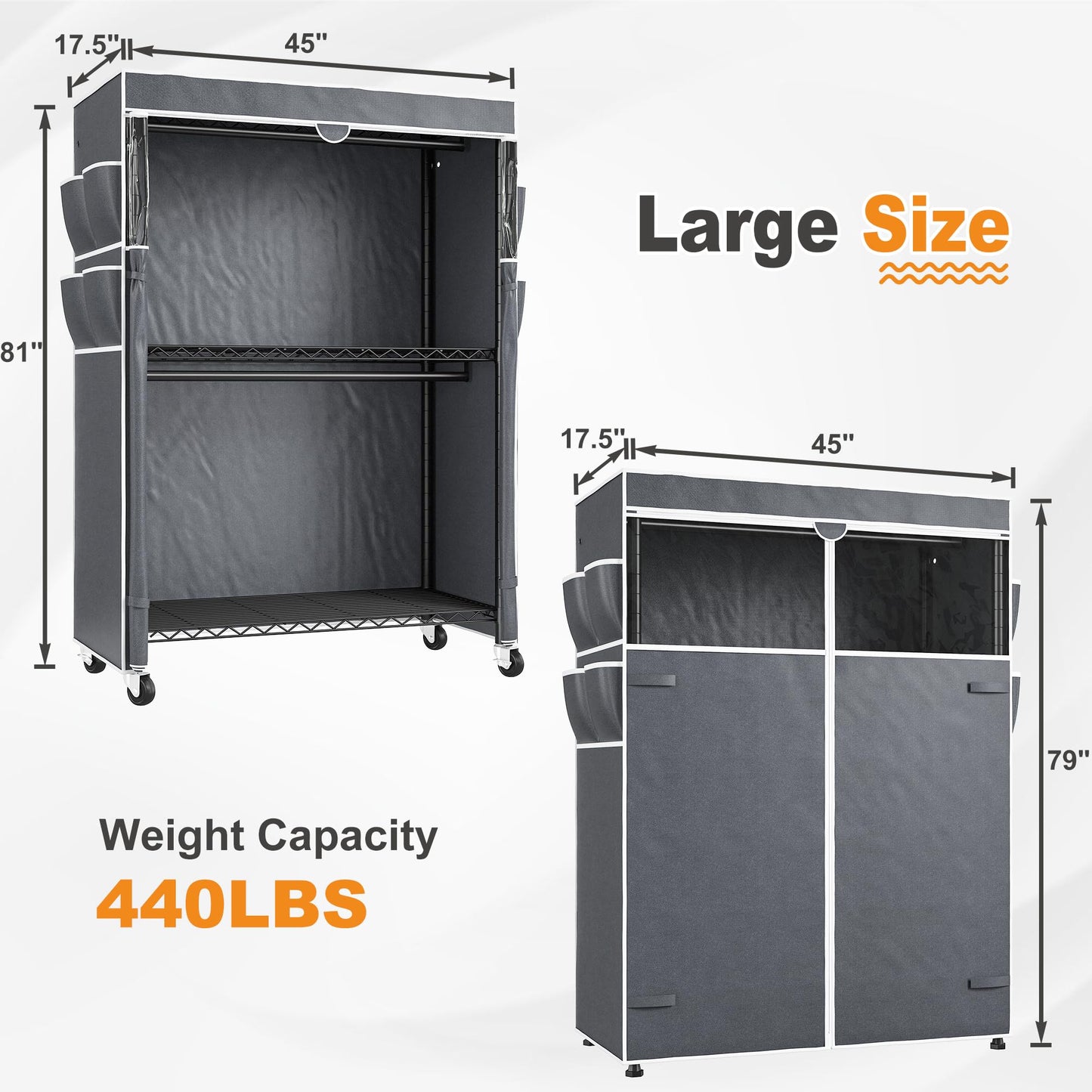 Raybee Clothes Rack with Cover, 81" H Clothing Racks for Hanging Clothes, Portable Closet with Wheels and Adjustable Feets, Max Load 440LBS, Black