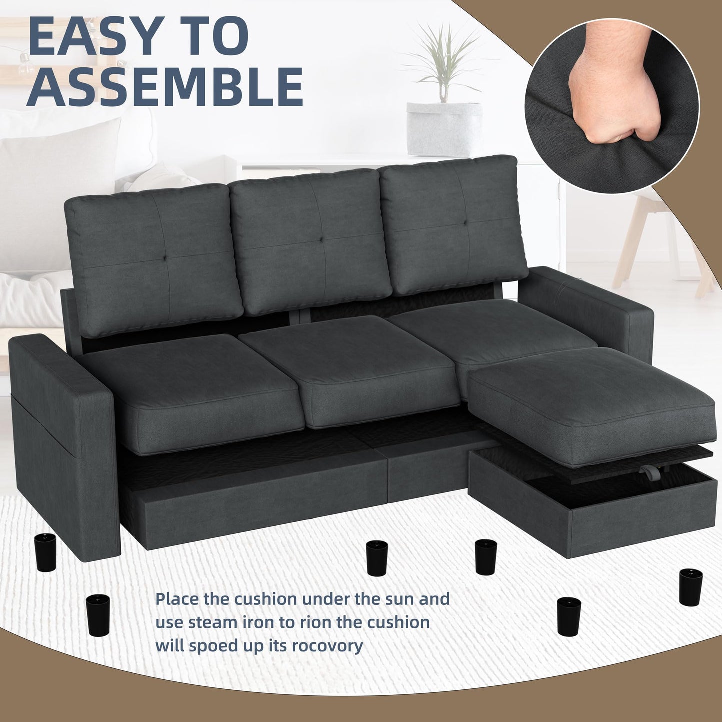 JAMFLY Convertible Sectional Couches for Living Room, L-Shaped Couch 3 Seat Sectional Sofa Set with Polyester Fabric and Movable Ottoman Small Couch for Apartments, Office, Black