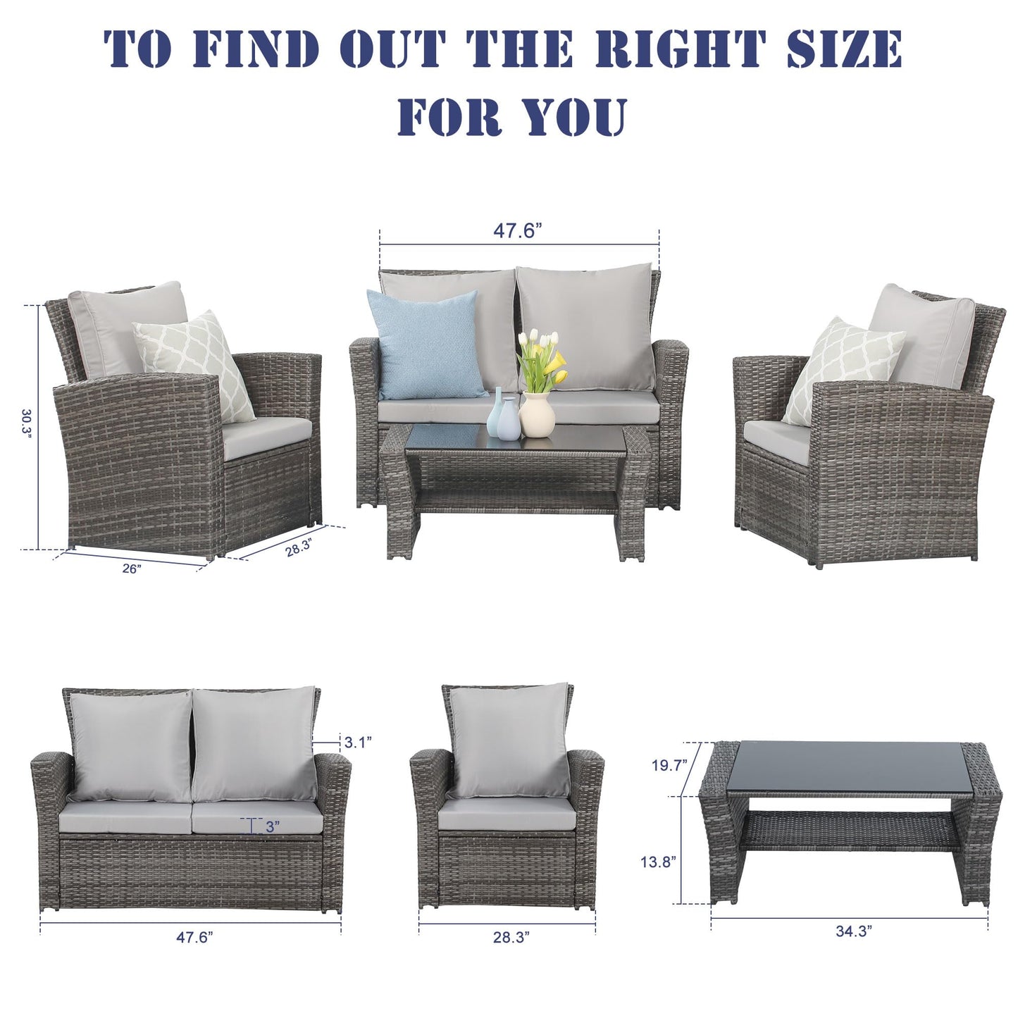 Wisteria Lane 4 Piece Outdoor Patio Furniture Sets, Wicker Conversation Set for Porch Deck, Gray Rattan Sofa Chair with Cushion