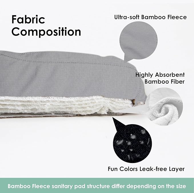 wegreeco 6 Pcs Reusable Menstrual Pads, Ultra Absorbent Cloth Pads for Heavy Flow, Sanitary for Teens, Women, Nonslip, Grey Inner, Black Outer, Medium