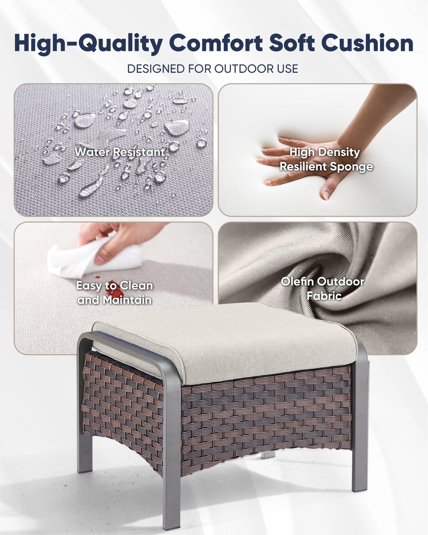 HUMMUH 2 Pieces Outdoor Wicker Ottomans-Outdoor Patio Ottoman with Removable Cushion Outdoor Footstool for Deck Lawn Porch Garden Backyard-Brown/Beige