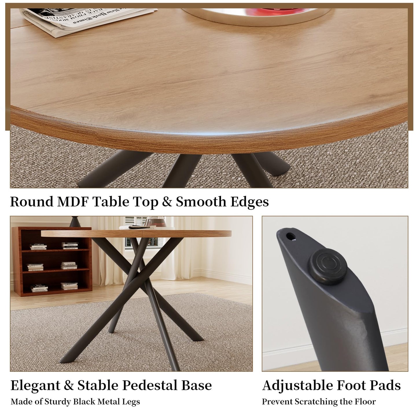 HIPIHOM 45.3 Inch Round Dining Table Set for 4, Mid Century Modern Small Kitchen Coffee Set for Dining Room Kitchen Apartment (Oak Table + 4 U-Shaped Brown Chairs)
