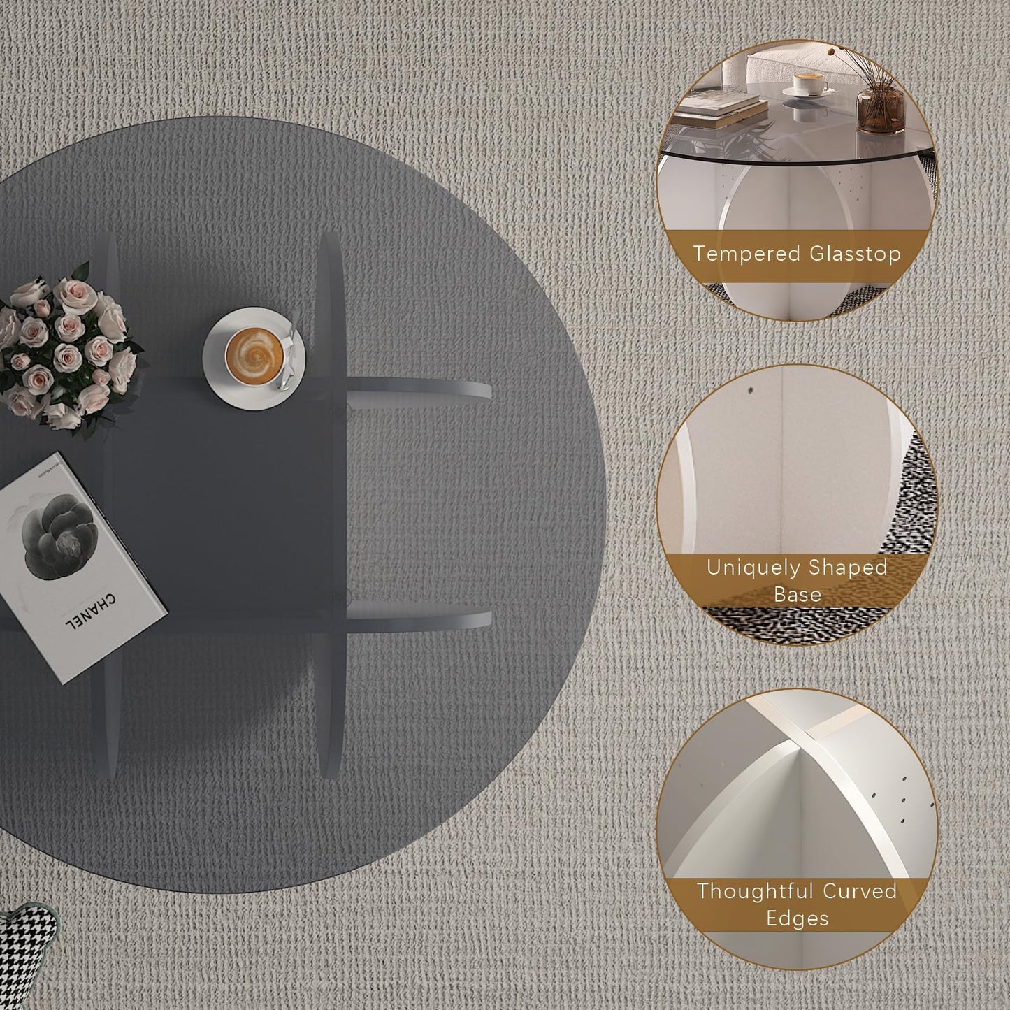 HedoAjim Round Coffee Table with Glass Top,Center Table with Storage for Living Room,Small Spaces, Office, and Lounge,32" White and Grey Glass Coffee Table