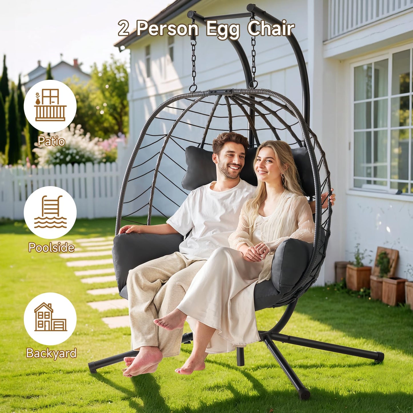 ONBRILL Double Egg Chair with Stand, Indoor Outdoor 2 Person Hammock Swing Chair with Cushions & Headrest, 650LBS Capacity Hanging Loveseat for Patio, Bedroom, Garden, Balcony (Black-Dark Gray)