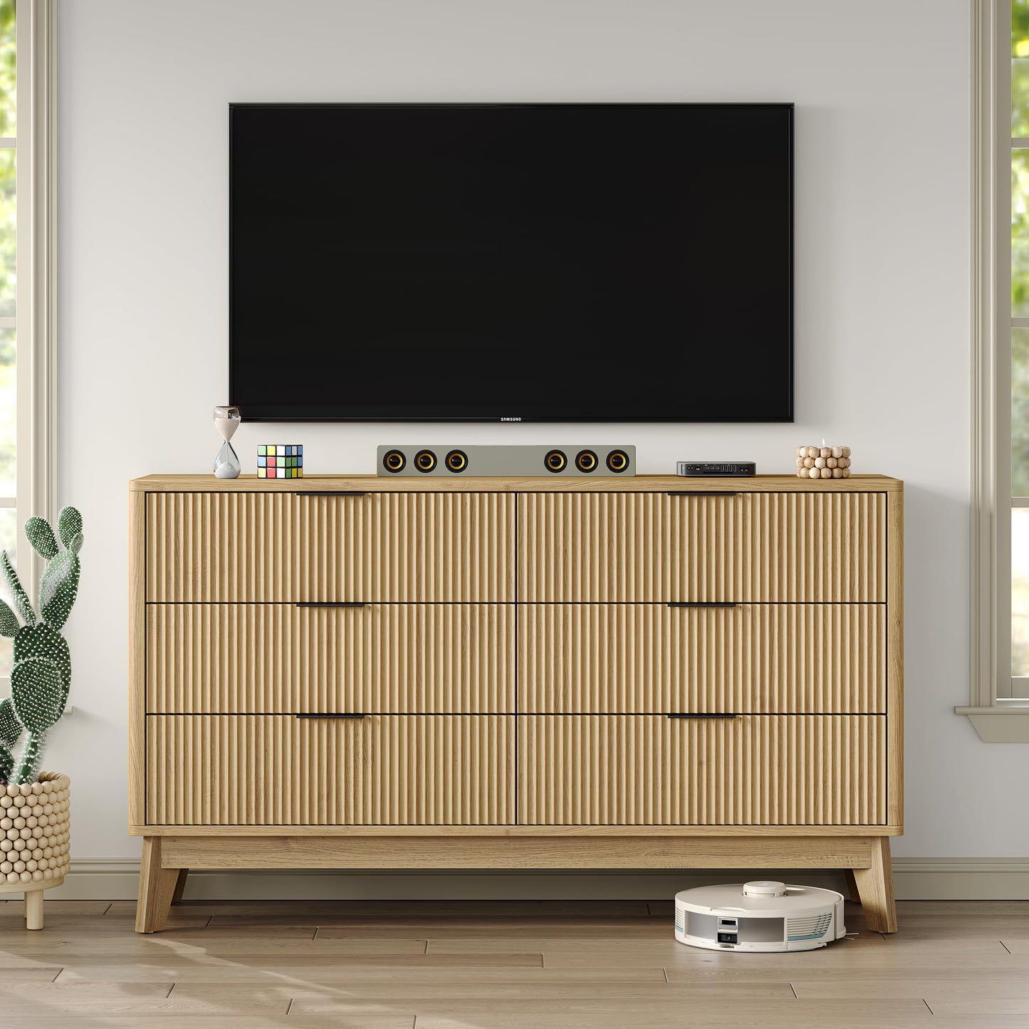 Furniouse 54''W Fluted 6 Drawers Dresser for Bedroom, Wide Modern Chest of Drawers Closet Organizer, Wood Dresser TV Stand for Living Room, Natural