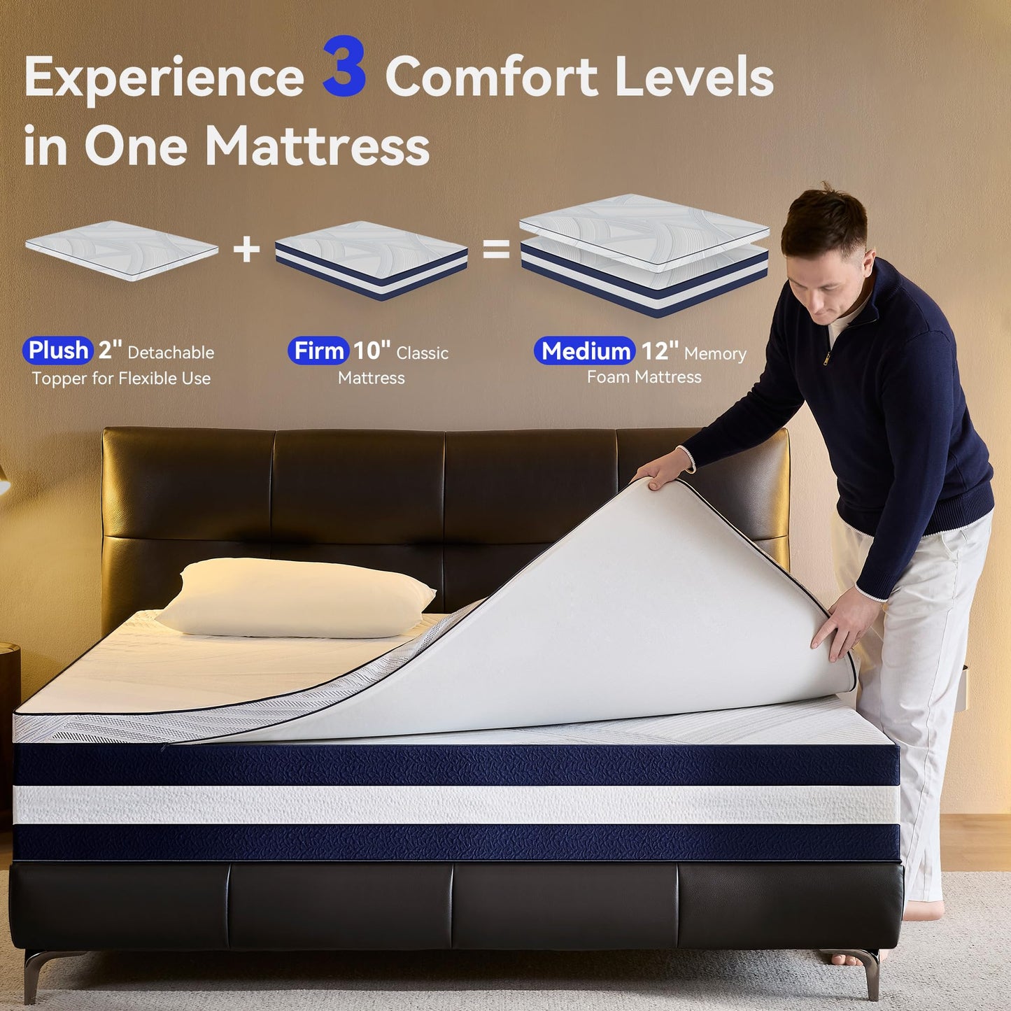 BedsPick 12 Inch Queen Mattress, Copper Gel Cooling Memory Foam Mattress, 2-in-1 Detachable Design, Pressure Relief, Made in USA, Medium Feel, CertiPUR-US Certified