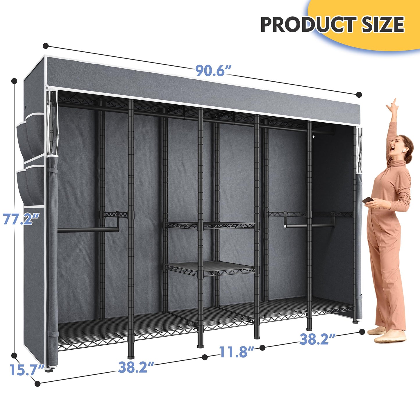Raybee 90.6" W Clothes Rack with Cover Heavy Duty Clothing Rack with Cover Loads 1200LBS Wardrobe Closet Freestanding Garment Rack for Bedroom, Black