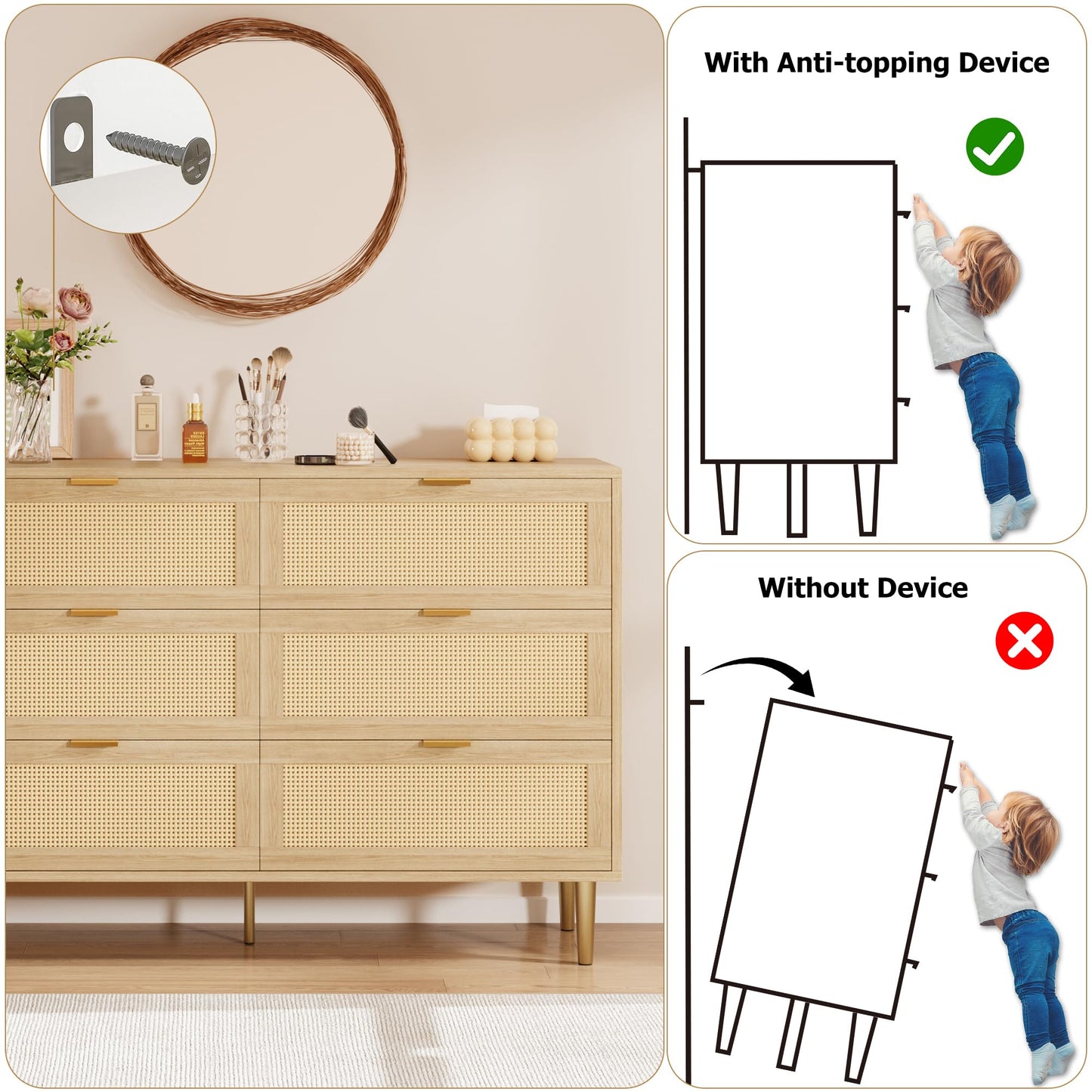 IDEALHOUSE Natural Rattan 6 Drawer Dresser for Bedroom, Modern Chest of Drawers with Gold Legs and Gold Handles, Wide Double Dresser with Large Tabletop and Anti-Tipping Design for Bedroom Living Room