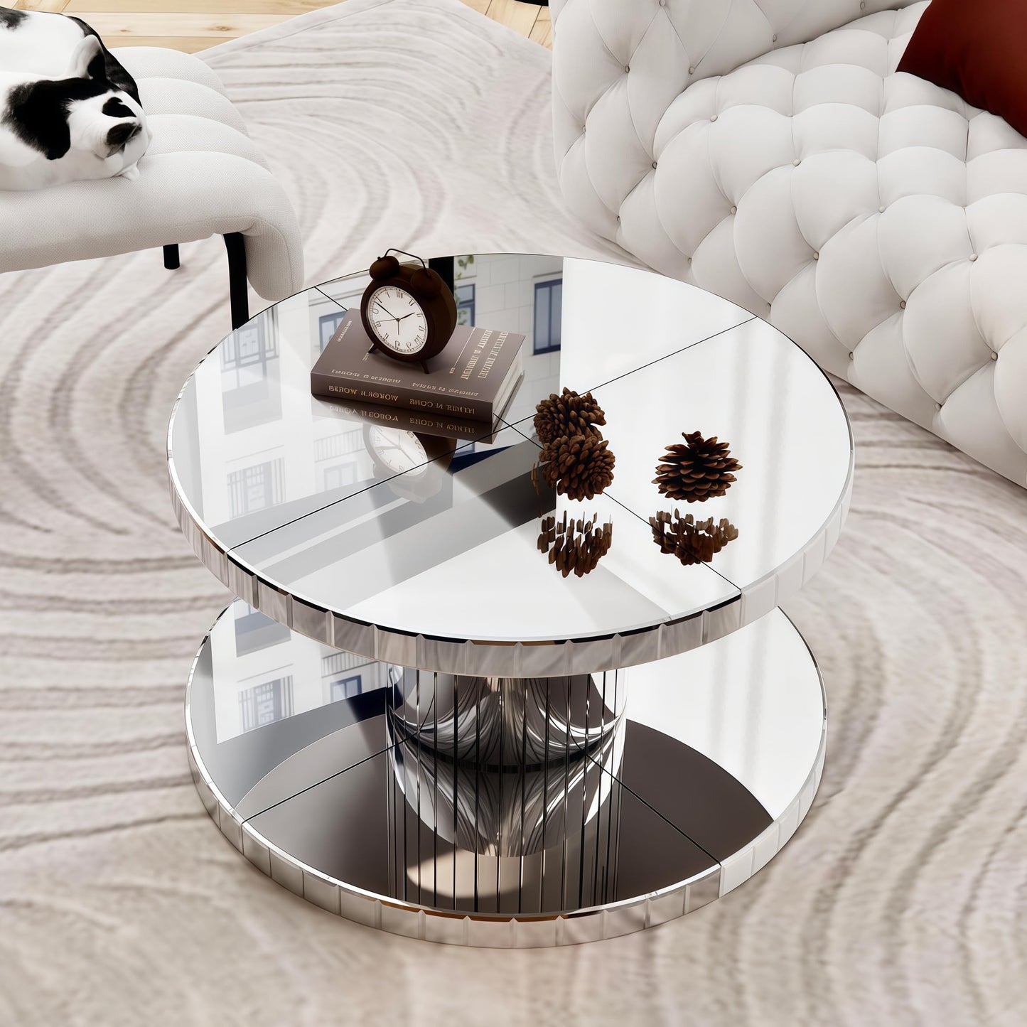 Maotifeys Round Mirrored Coffee Table with Silver Mirror Cylinder Frame, 31.5" Modern Glass Sofa Table Gorgeous Circle Mirror Center Tables for Living Room, Office