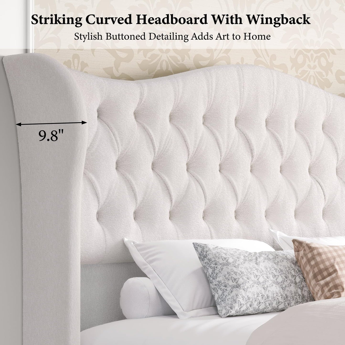 Queen Size Bed Frame Chenille Upholstered Platform Sleigh Bed with 51" Scroll Wingback Tall Headboard & Footboard/Deep Button Tufted/Easily Assemble/Wood Slats Support/No Box Spring Required/Cream