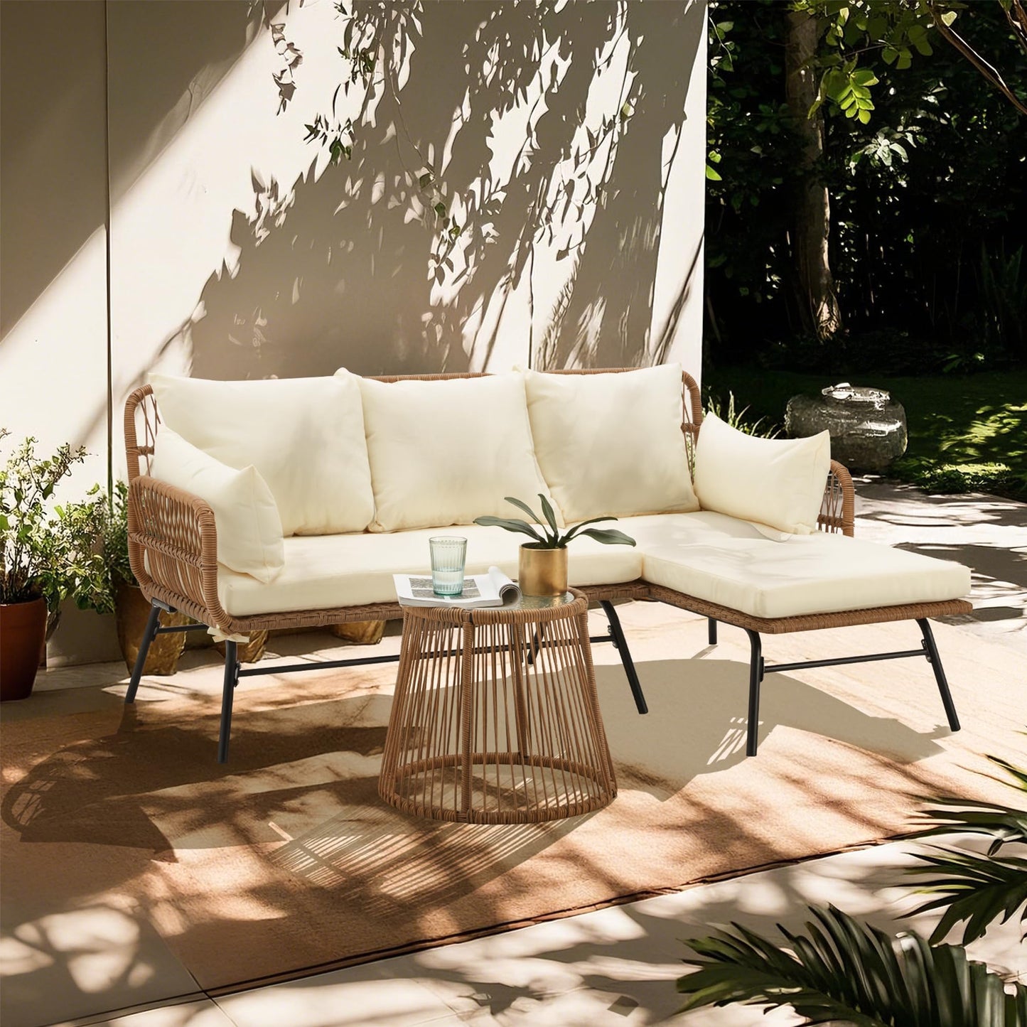 Bezseller 3-Piece Outdoor Patio Furniture Set – L-Shaped Rattan Sectional Sofa with Detachable Lounger, Glass Coffee Table & 4" Cushions – All-Weather PE Wicker for Backyard, Porch, Poolside