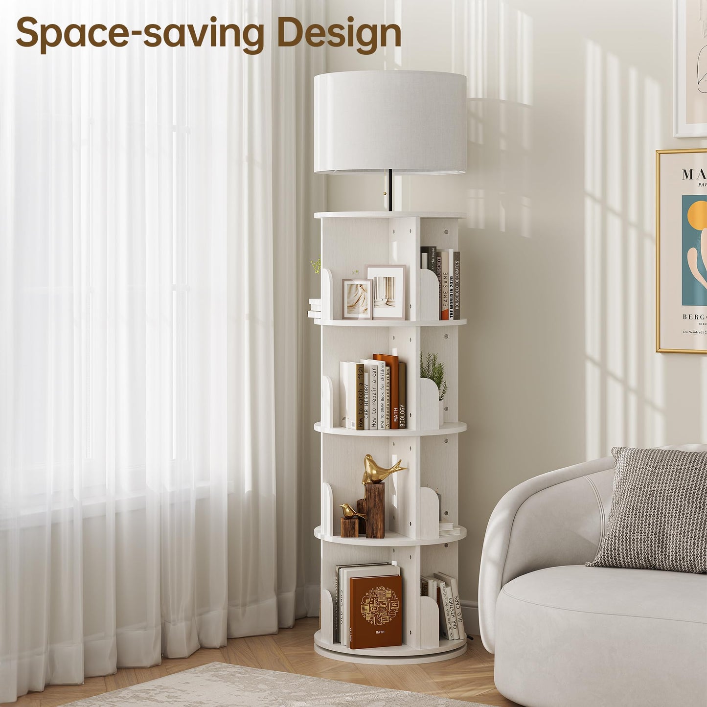 iabifo 4 Tier Rotating Bookshelf with Lamp, 3 Color Temperatures, Vertical Bookcase Tower, Space-Saving Floor Standing Organizer for Living Room, Bedroom, White