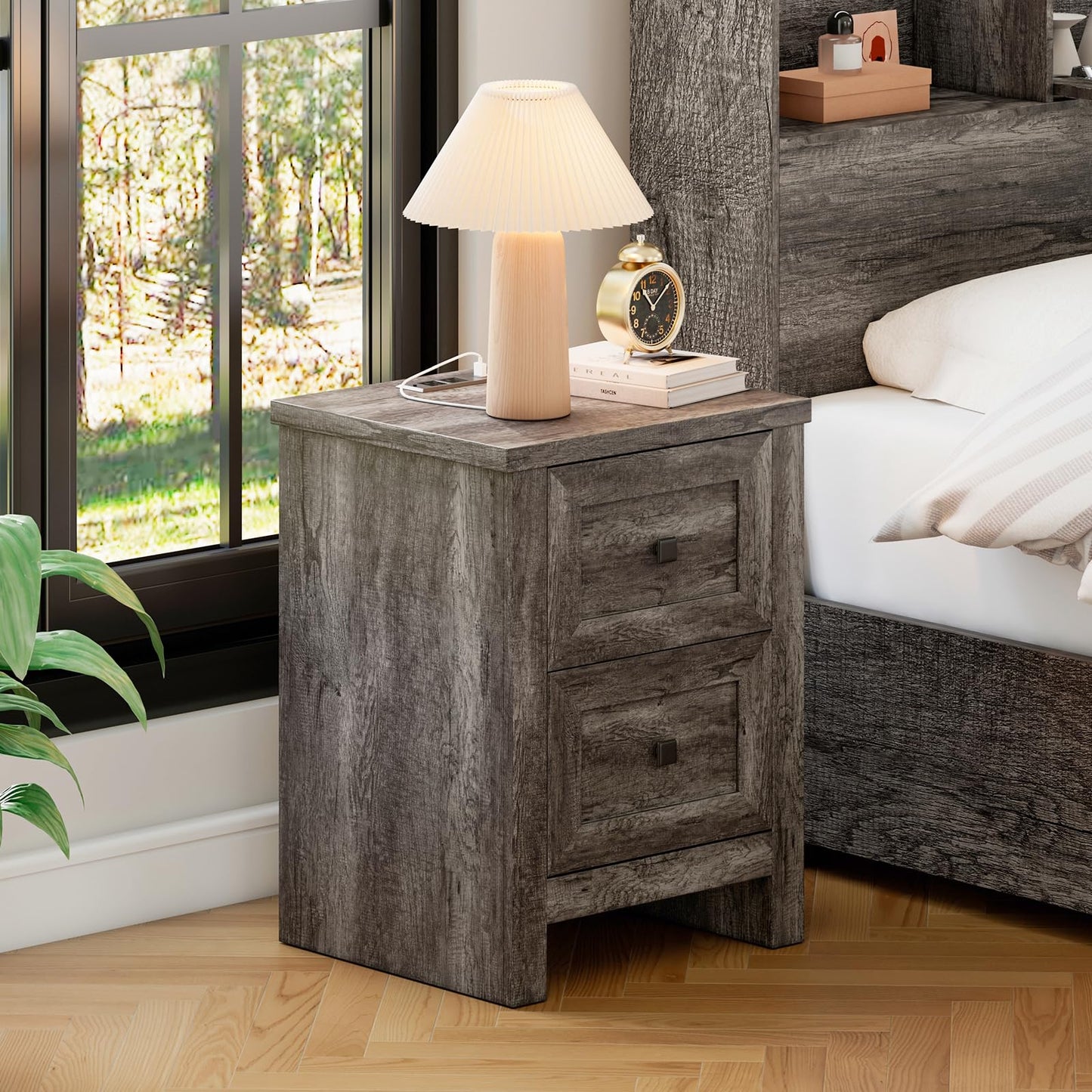 LUXOAK 3 Pieces Bedroom Sets, Includes Full Size Lift Up Storage Bed with Storage Headboard & Charging Station, 2 Drawers Farmhouse Nightstand Set of 2 with Charging Station, Rustic Grey