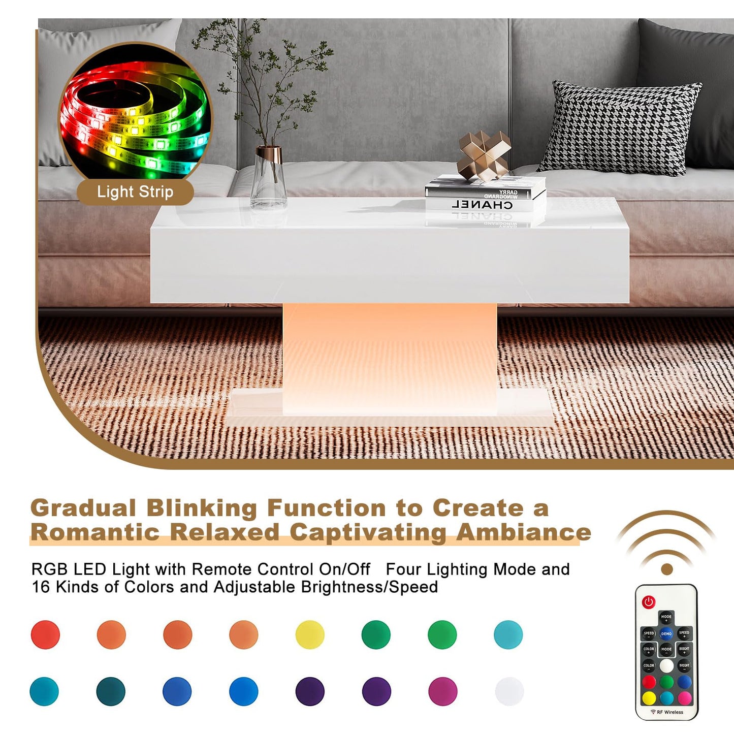 HedoAjim Led Coffee Table for Living Room, Living Room Table Rectangular Center Table, Modern High Glossy Wooden Coffee Tables with 16 Colors LED Lights for Dining Reception Room, White