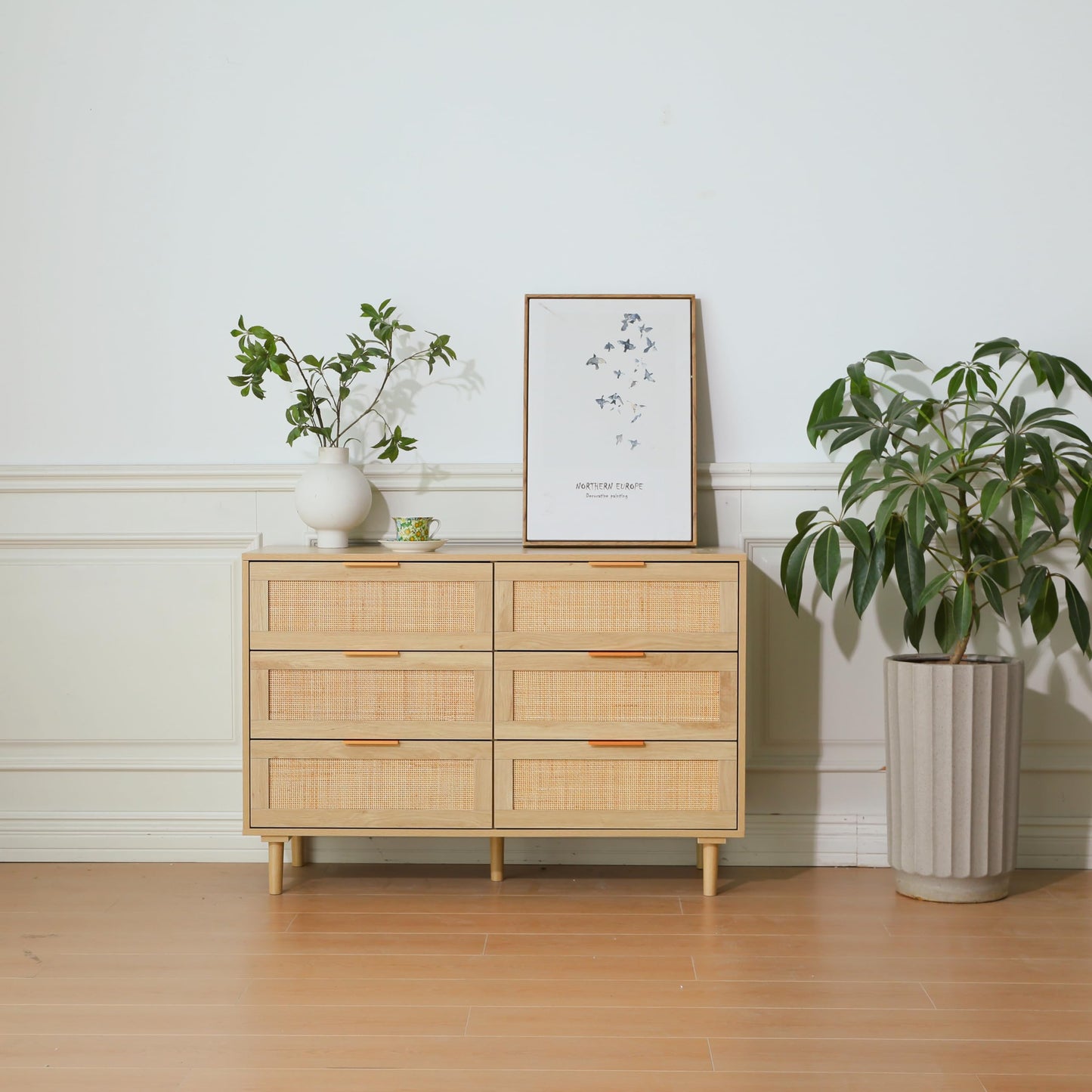 FUQARHY 6 Drawer Dresser Rattan Dresser Modern Chest with Drawers,Wood Storage Closet Dressers Chest of Drawers for Bedroom,Living Room,Hallway (Natural)