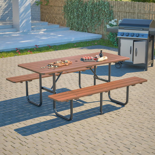 DOPERFE 72" Wooden Picnic Table, Picnic Table with Benches, Steel Frame with Umbrella Hole 1.97" for Patio Party Barbecue Party (Brown + Black, 72")