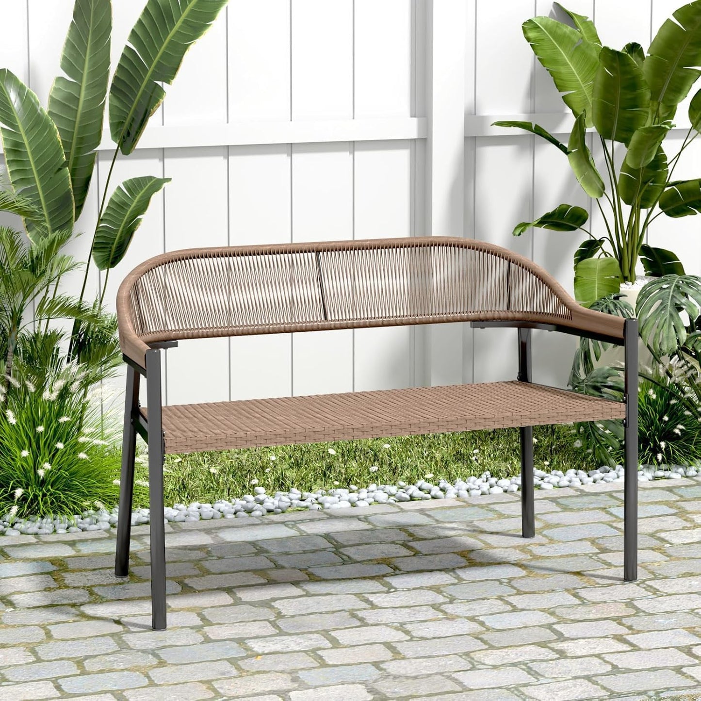 OPENAIRCOMFORT Outdoor Loveseat Bench,46.8 Inches Wicker Frame Patio Bench, All Weather Outdoor Bench with Rattan Backrest Armrests and Metal Legs for Lawn, Front Porch, Park, Yard