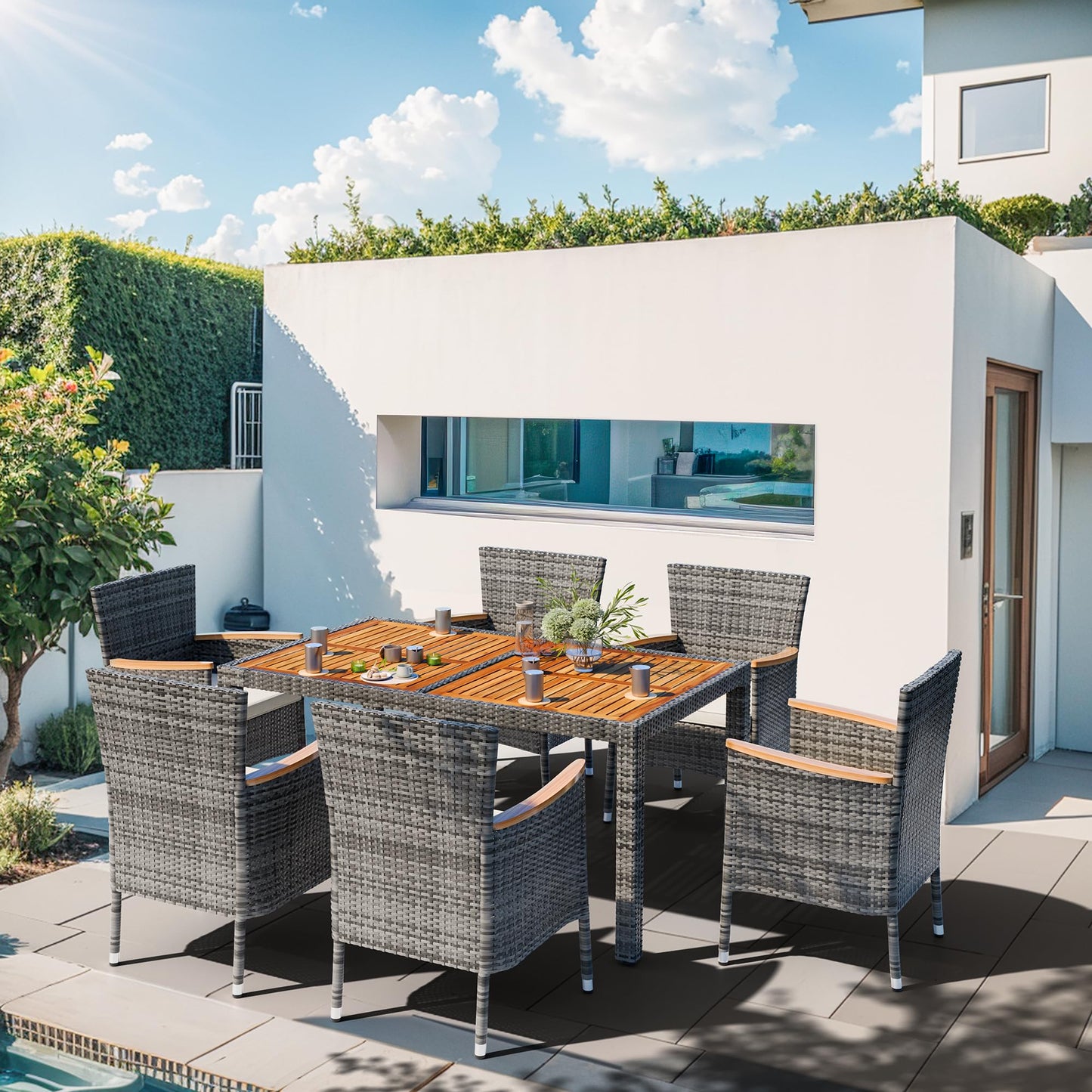 Shintenchi 7 Pieces Patio Dining Set, Wicker Patio Furniture Set with Soft Cushions and Wood Table Top, Outdoor Dining Table and Chairs for Backyard, Deck and Garden, Grey Rattan