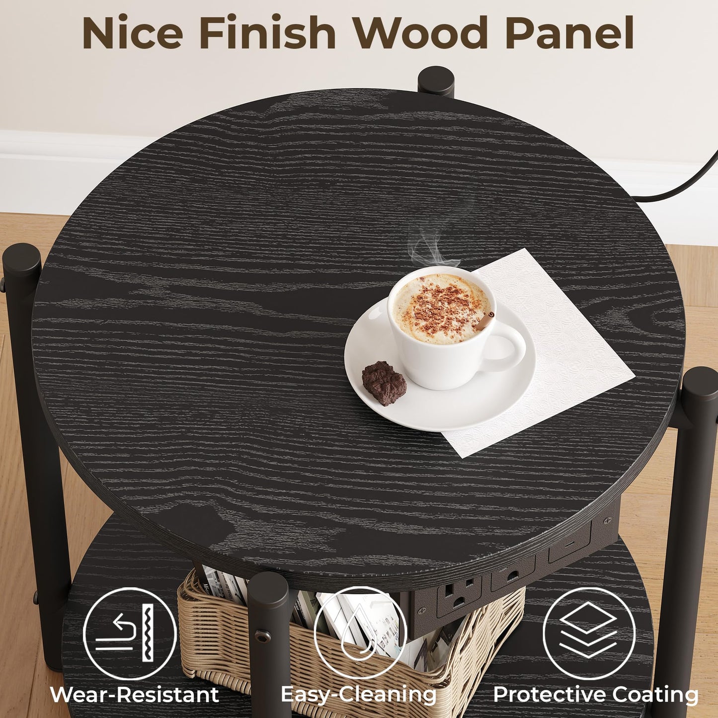 LIKIMIO Round Side Table with Charging Station, 2-Tier Wooden End Table with Lower Shelf, 15.8" W Modern Wooden Nightstand for Small Spaces, Living Room, Bedroom, Black