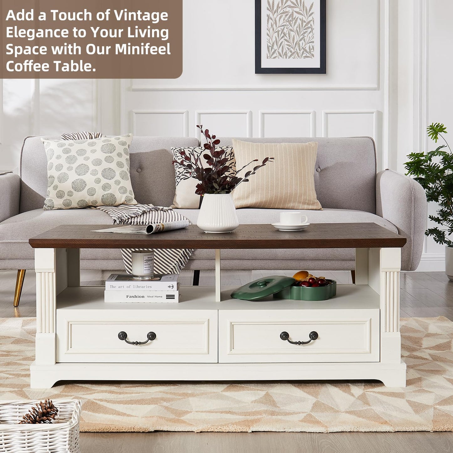 Minifeel 48'' Wood Coffee Table for Living Room, Farmhouse Coffee Table with Storage, Rustic Center Table for Living Room with 4 Drawers, Farmhouse & Industrial Cocktail Table for Home