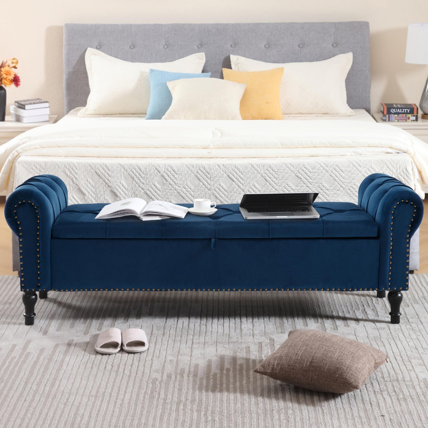 HOMYKA Velvet Storage Bench 67 Inch Upholstered Tufted Ottoman Bench with Arms Large Storage Space King Size End of Bed Bench for Bedroom Living Room Entryway Navy Blue