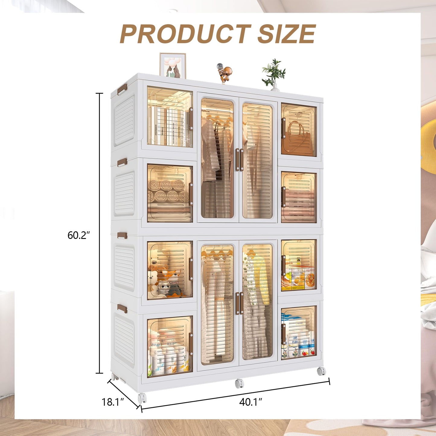 Montary Portable Kids Closet, Children's Wardrobe Closet with Transparent Doors, Plastic Baby Wardrobe Storage Cabinet with 12 Cubes, 2 Hanging Rod & 16 Hangers, Suitable for Living Room, Bedroom