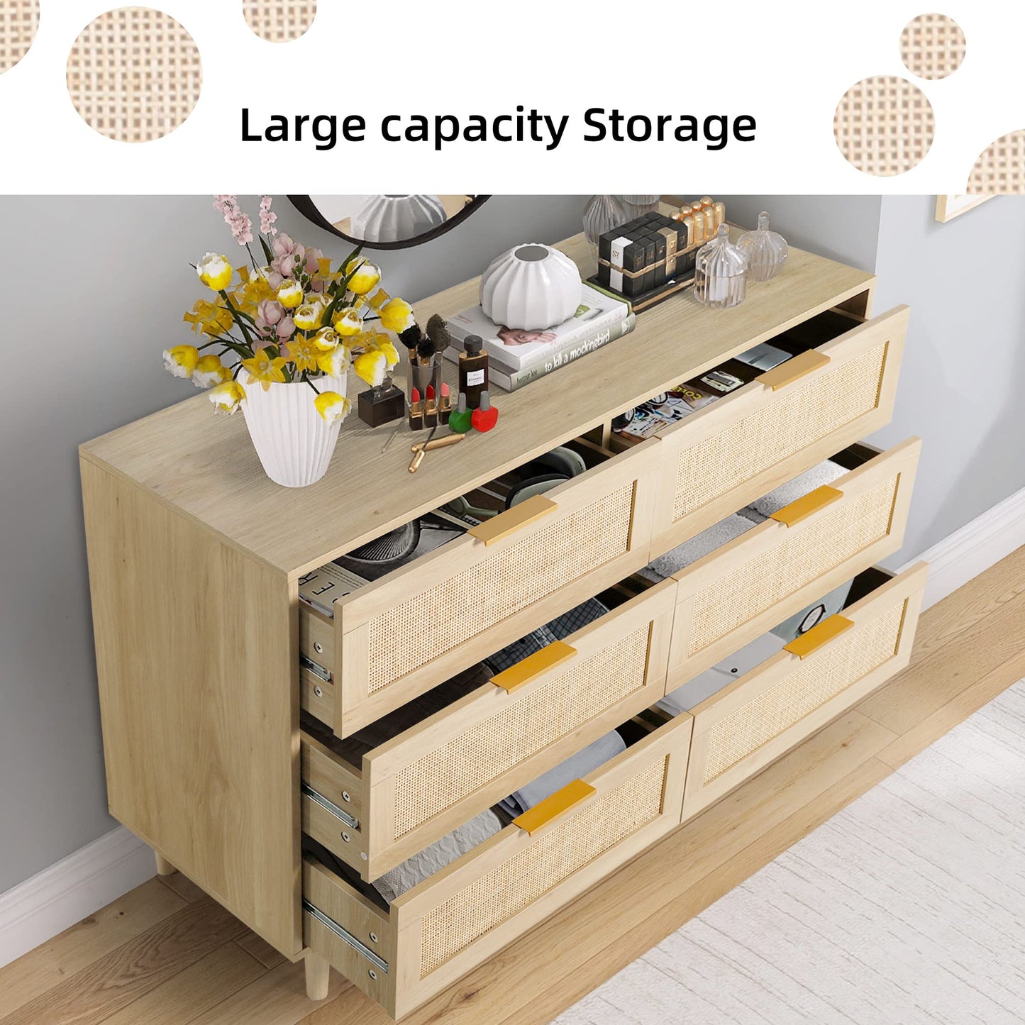 FUQARHY 6 Drawer Dresser Rattan Dresser Modern Chest with Drawers,Wood Storage Closet Dressers Chest of Drawers for Bedroom,Living Room,Hallway (Natural)