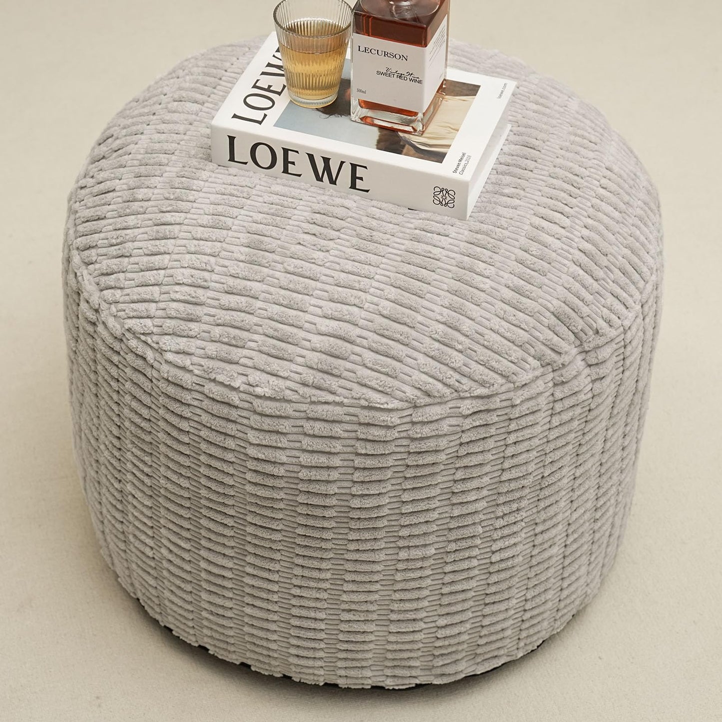 Round Stuffed Pouf Ottoman for Foot Rest, Storage Ottoman Pouf Foot Stool Cushion, Faux Fur Poufs with Foam Chunk Filling, 26 X 18 Inch Floor Chair for Living Room Bedroom Home Decor, Light Gray