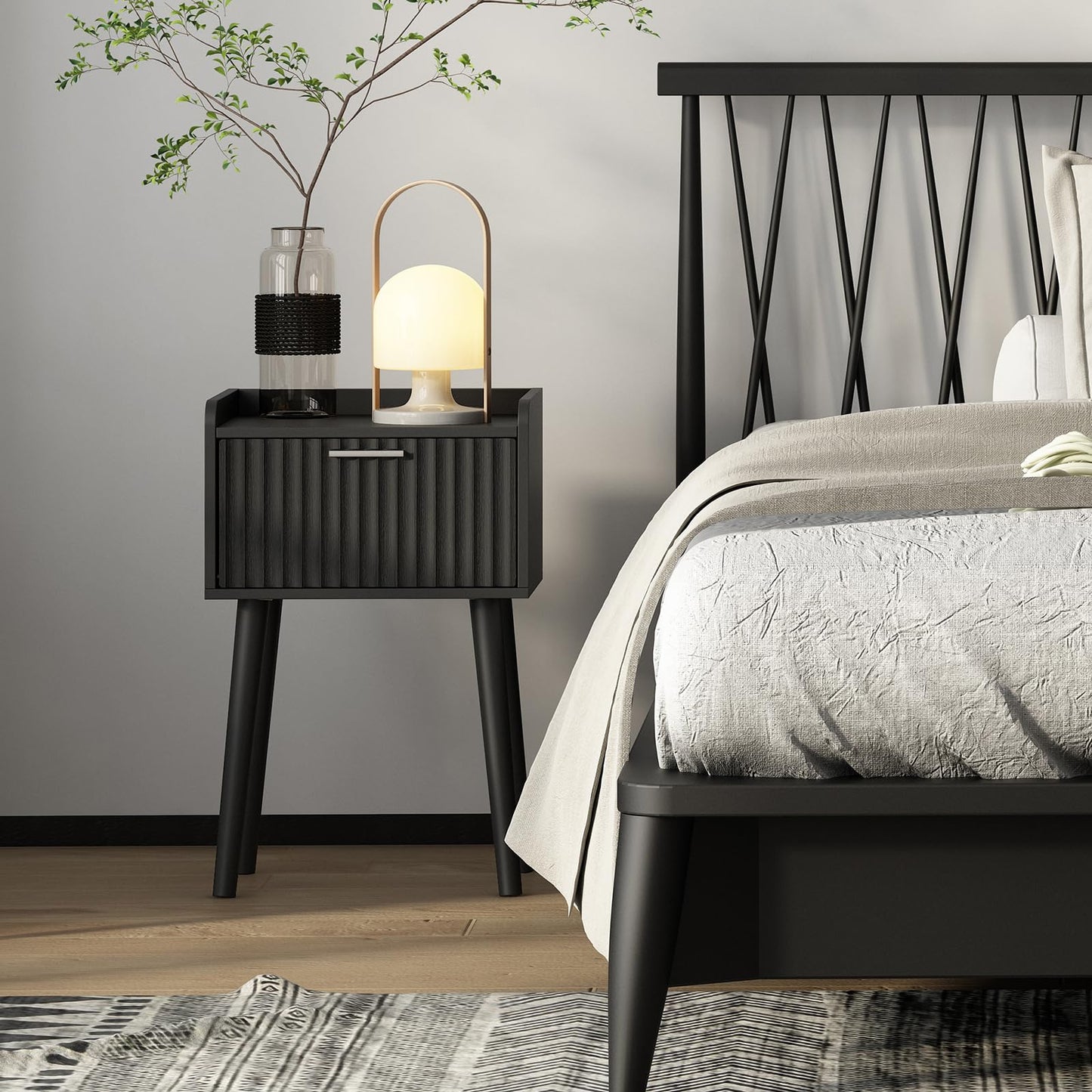 LAATOOREE Nightstand Set of 2, Small Bed Side Table with Fluted Door, End Table with Solid Wood Legs, Mid-Century Bedside Table for Bedroom Small Space