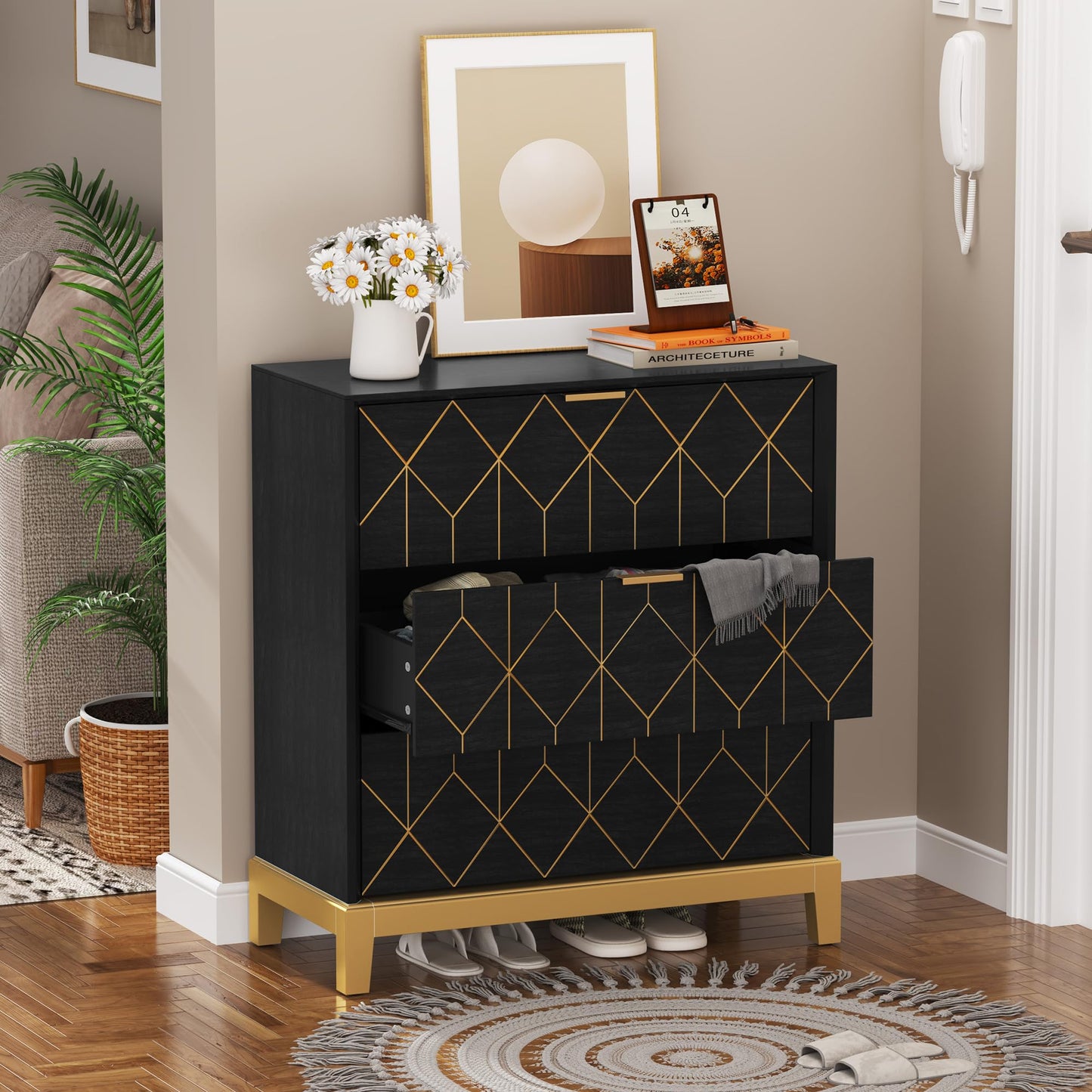 HLR 3 Drawer Dresser for Bedroom, Modern Wood Chest of Drawers with Gold Trim, Accent Dresser Storage Tower, Black Organizer Cabinet for Closet, Living Room, Hallway, Entryway